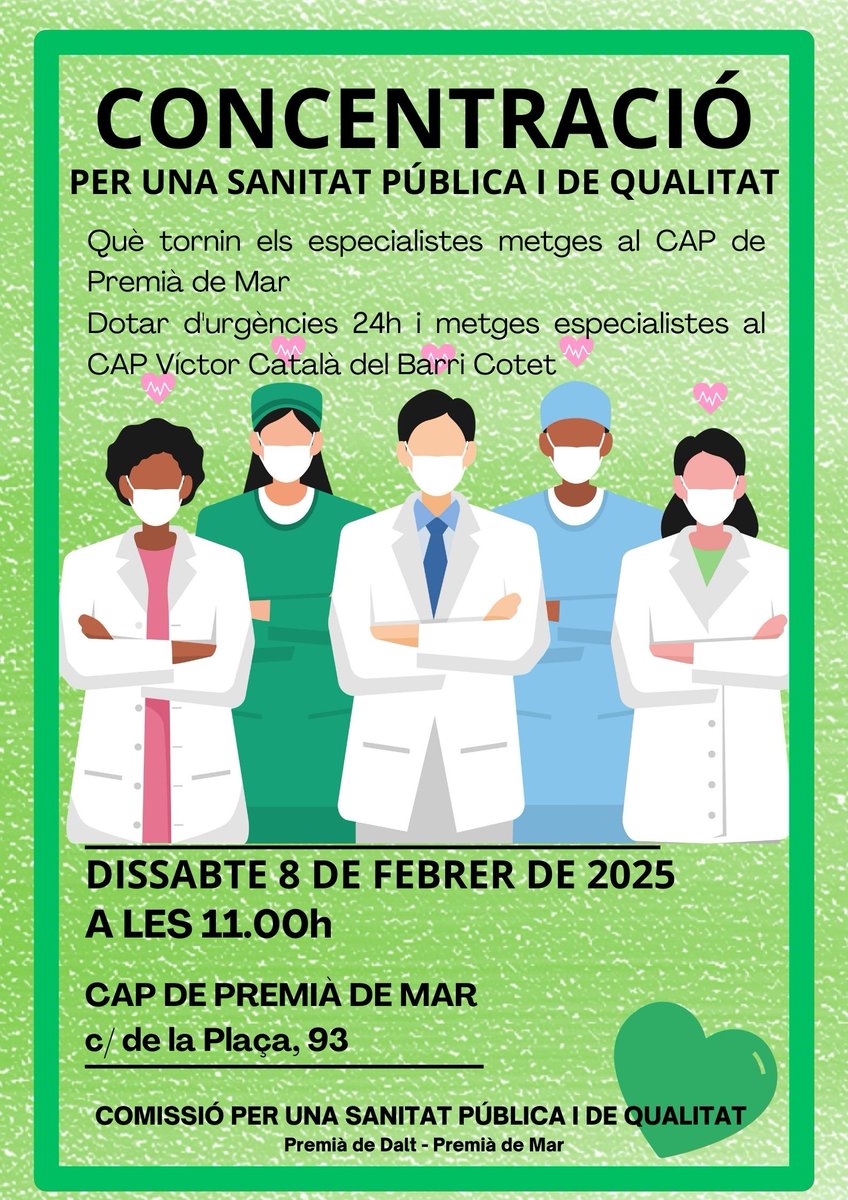 Concentración por una sanidad pública y de calidad en #PremiadeMar #PremiàdeDalt #BarrioCotet 
Sábado 8 de febrero a las 11h en el ambulatorio de Premià de Mar