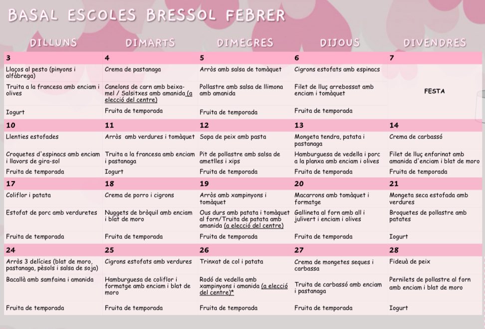 petitsgegantsV's tweet photo. 🍽️ MENÚ FEBRER

Ja teniu disponible el menú del mes de febrer 😋

#intensament #escolacompromesa #menjadorescolar #menúsaludable #miradesdeservei #vedrunaimmasabadell https://t.co/948p3kpkV6