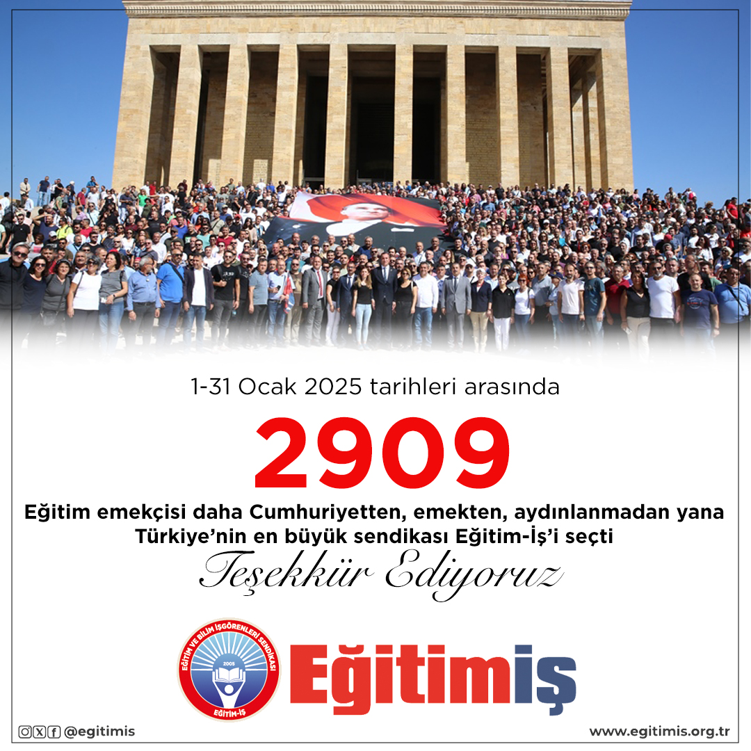 1-31 Ocak 2025 tarihleri arasında 2909 eğitim emekçisi daha Cumhuriyetten, emekten, aydınlanmadan yana Türkiye’nin en büyük sendikası Eğitim-İş’i seçti.  

TEŞEKKÜR EDERİZ.  

#İyikiEğitimİşVar