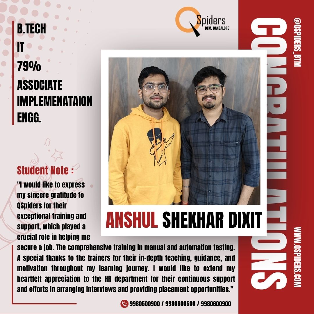QSpiders_BTM_'s tweet photo. Huge congratulations to Anshul Shekar Dixit on securing the role of Associate Implementation Engineer🚀🎉Wishing you endless success and growth in your career ahead

#CongratulationsAnshul #NewBeginnings #QSpidersSuccess #ImplementationEngineer #TechJourney #CareerGrowth https://t.co/YhVUQhK4Yt