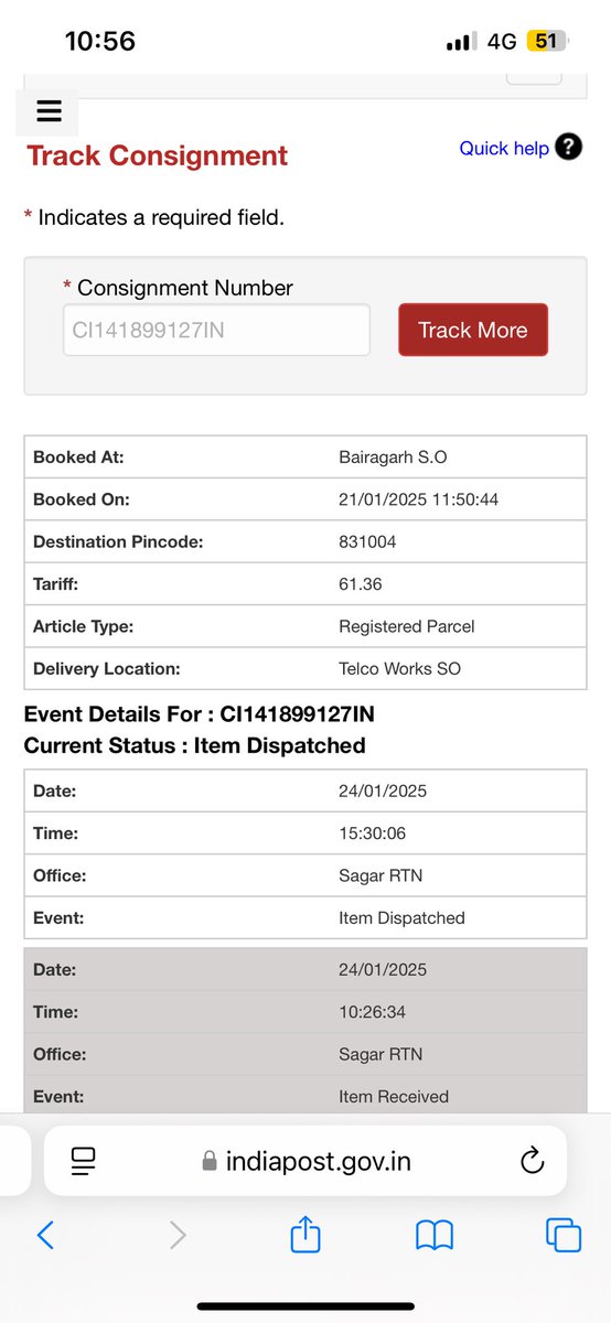 nitesh_kumar21's tweet photo. Dear @IndiaPostOffice - My consignment ( CI141899127IN ) booked on 21st Jan’25 from Bairagarh (Bhopal) 

The item is stuck at Sagar RTN since 24th Jan. 
I’m not getting any help visiting the post office or raising online complaint on phone/ Website

Need urgent support please. https://t.co/gZYiwdGzKv