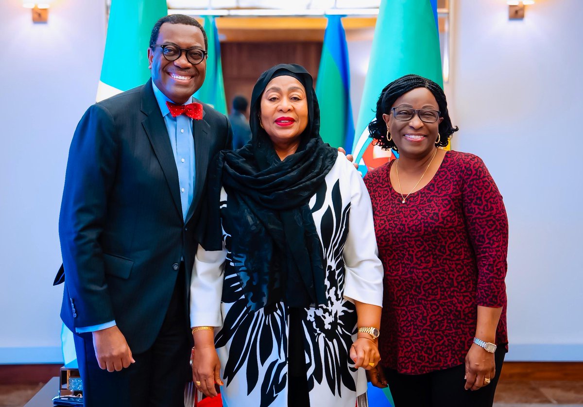 akin_adesina's tweet photo. Many thanks to a great African leader! My wife Grace and I, with our dearest sister and friend, President @SuluhuSamia of Tanzania. Thank you for your great leadership and incredible and generous hospitality in hosting us for the landmark Africa Energy Summit. Asante Sana! https://t.co/HzLx4xzsm0