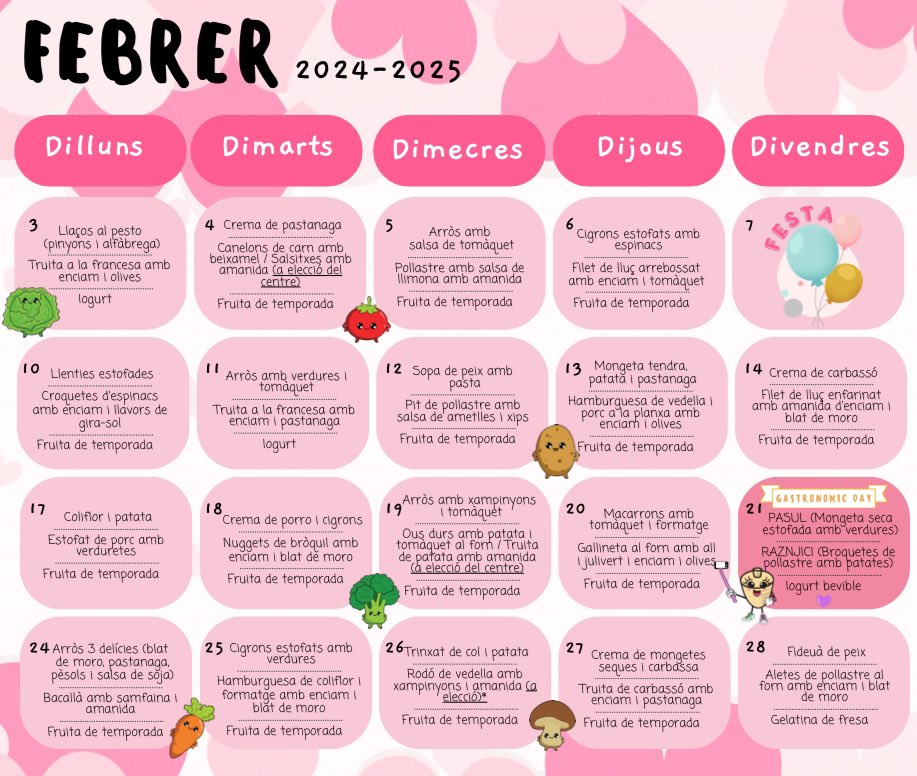 🍽️ MENÚ FEBRER

Ja teniu disponible el menú del mes de febrer 😋

#intensament #escolacompromesa #menjadorescolar #menúsaludable #miradesdeservei #vedrunaimmasabadell