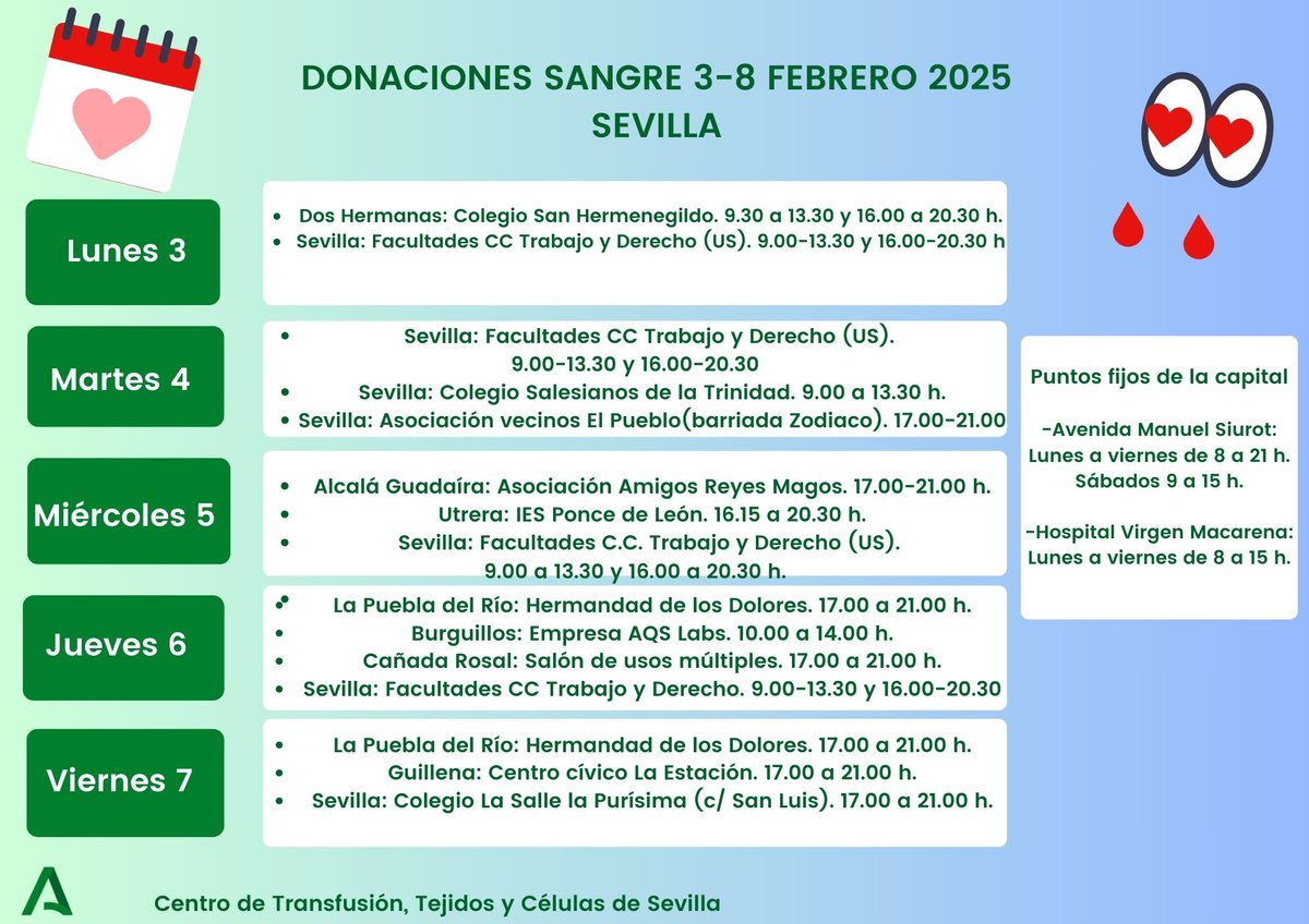 Comienza febrero con la 2ª ronda de donaciones universitarias y un amplio itinerario por la provincia de #Sevilla. Además, abrimos  nuevo punto de #donacióndesangre en la capital. Es fácil, sólo tiene que acercarte a alguna de estas colectas con tu DNI o similar. ¡Te esperamos!