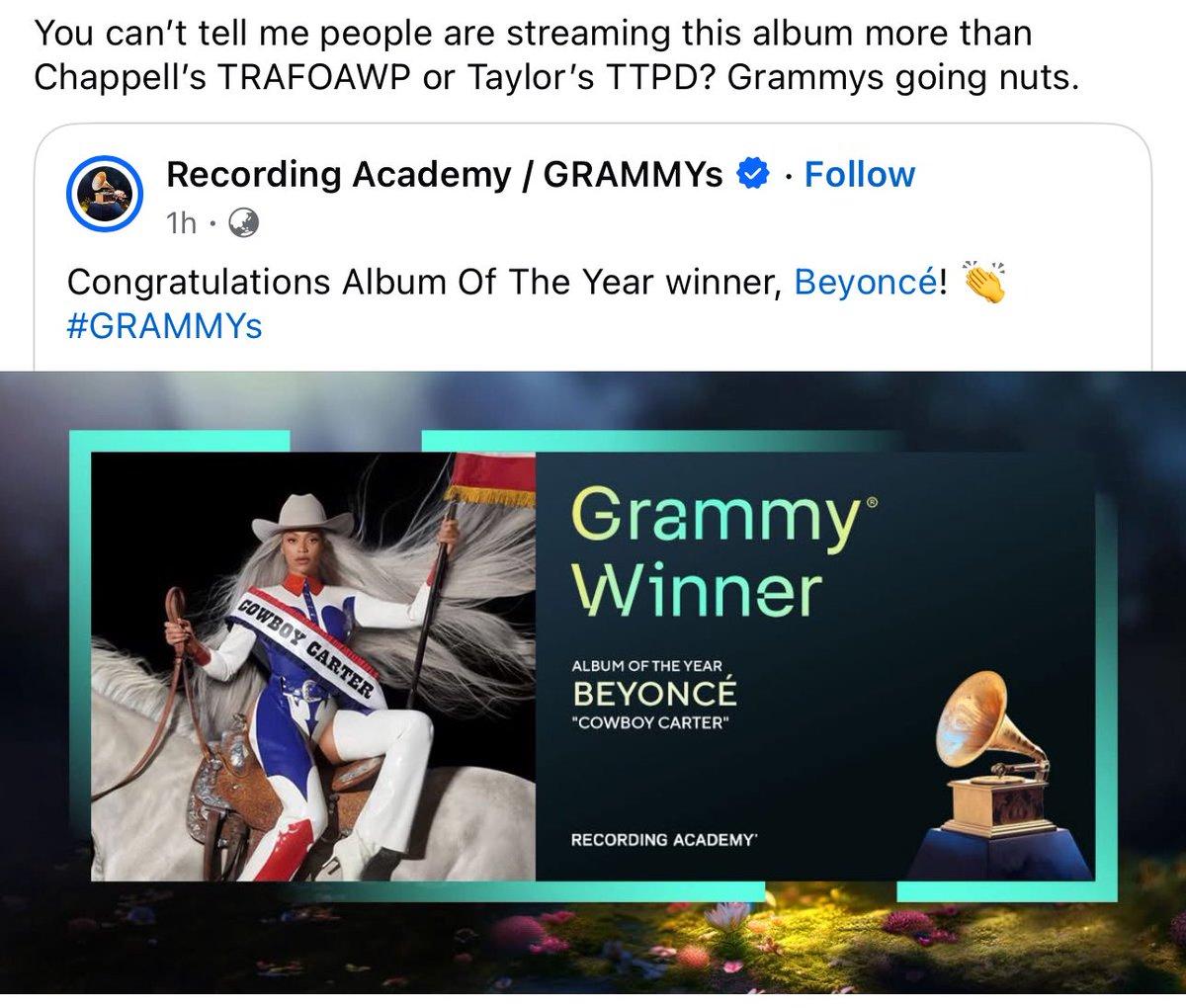 JEG0VSTHEW0RLD's tweet photo. next year, gawa na kayo ng Most Streamed Song/Album/Artist para manahimik na ang dapat manahimik

imagine basing aoty to number of streams 😭 ano yan people's choice tas send to 2366??? https://t.co/4JBDZTnBTH
