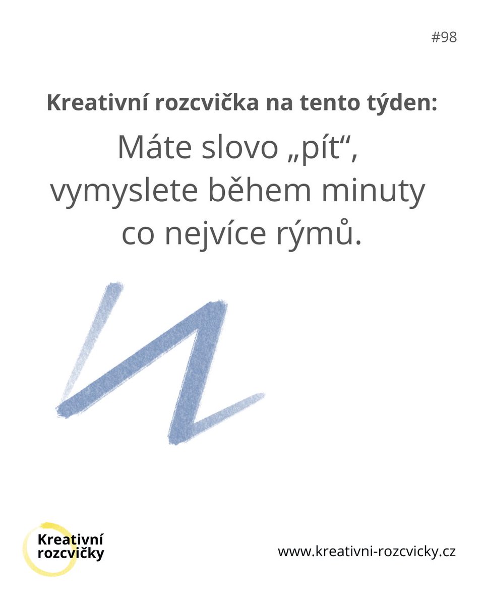 Pondělní kreativní rozcvička #98

👉 Máte slovo „pít“, vymyslete během minuty co nejvíce rýmů.

Dneska to bude taková básnická rozcvička. Člověk by řekl, takových pár básnických dřepů 🙂 

Dejte mi vědět, co jste vymysleli, těším se. 

Kreativitě zdar 👋 

 #KreativniRozcvicka