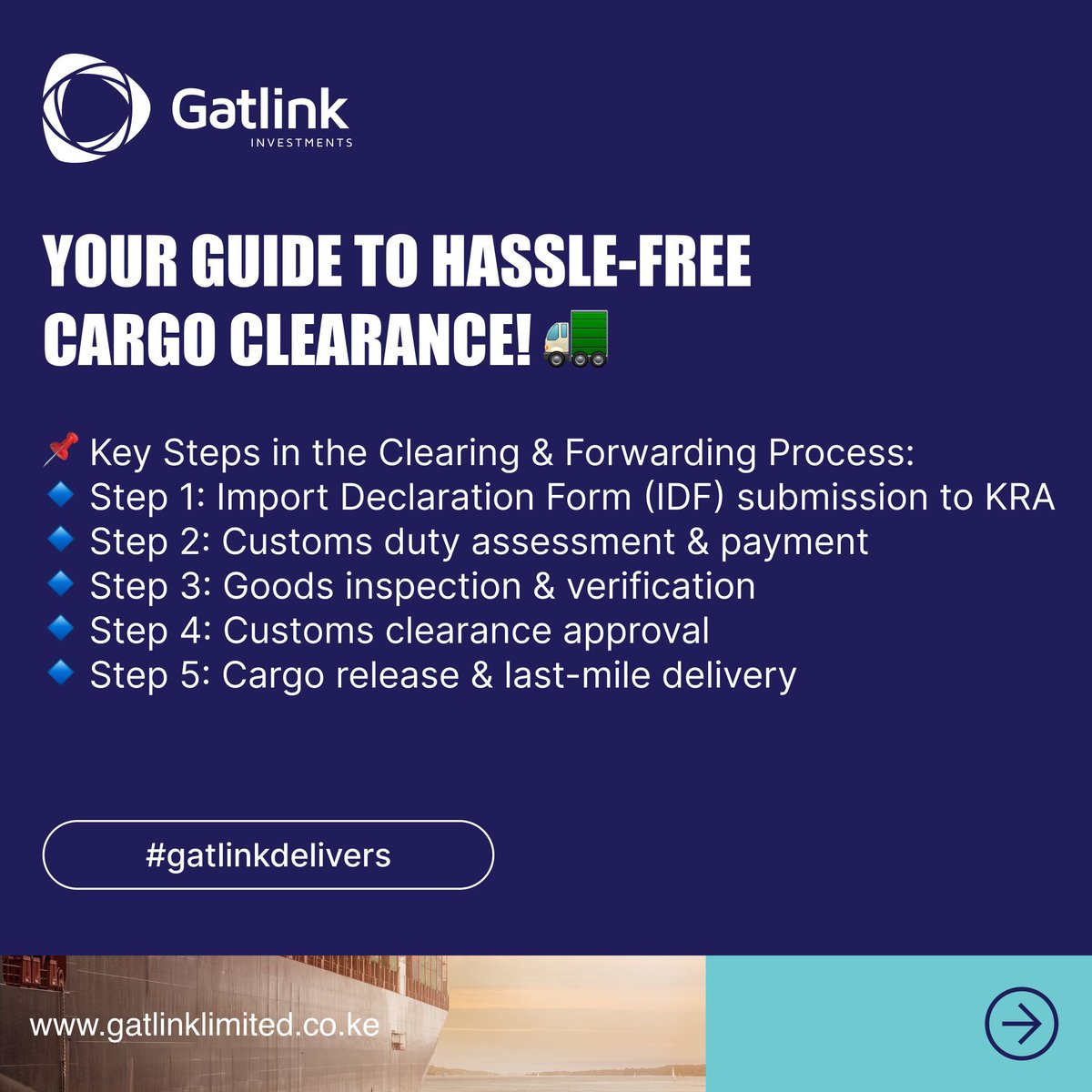 InvestGatlink's tweet image. 🚀 Need a seamless cargo clearance process?

💡 Pro Tip: Always ensure all required documents (Bill of Lading, Commercial Invoice, Packing List, etc.) are in order to avoid delays and penalties.

#ClearingAndForwarding #CargoSolutions #ImportExportKenya #SeamlessShipping #KRA