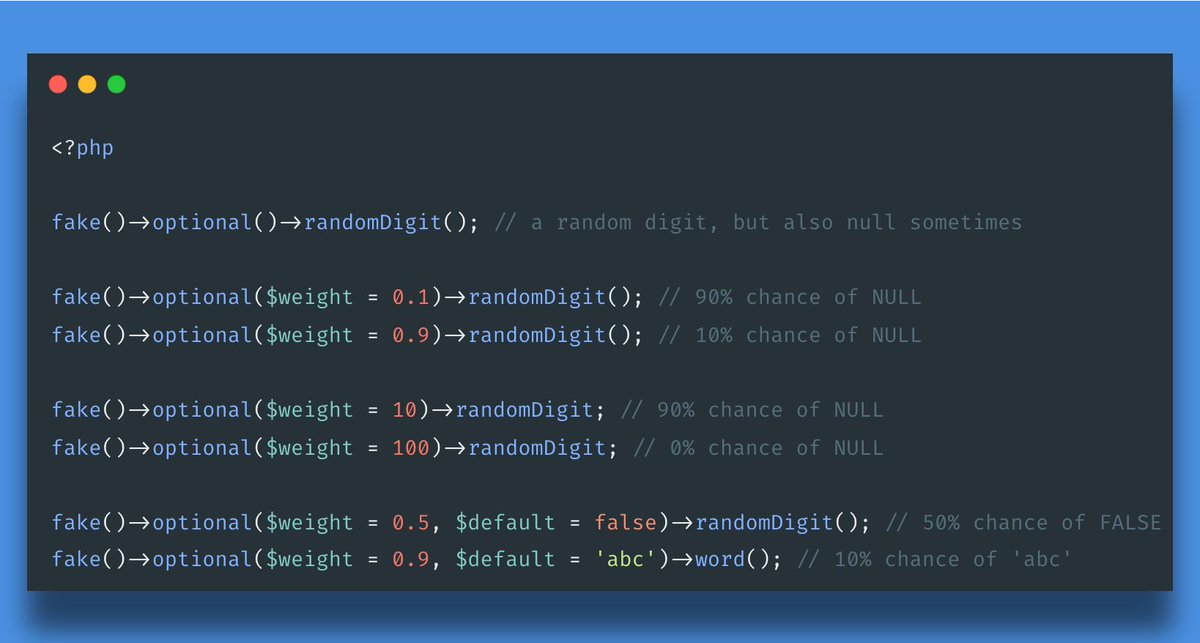 nagiworks's tweet image. #LaravelTip: Level up your testing game with PHP Faker in Laravel! Create nullable data with just the right touch of randomness, control it from 0% to 100%!