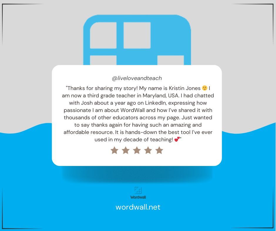 getwordwall's tweet photo. 💬 "Wordwall is the best tool I've used in my decade of teaching!" - Kristin Jones, 3rd Grade Teacher. Teachers like Kristin inspire us! Have you tried Wordwall? Share your story below! 👇✨ #TeacherLove #EdTechTools #wordwall #teaching #digitallearningtool #interactives https://t.co/tT9CslOGEN