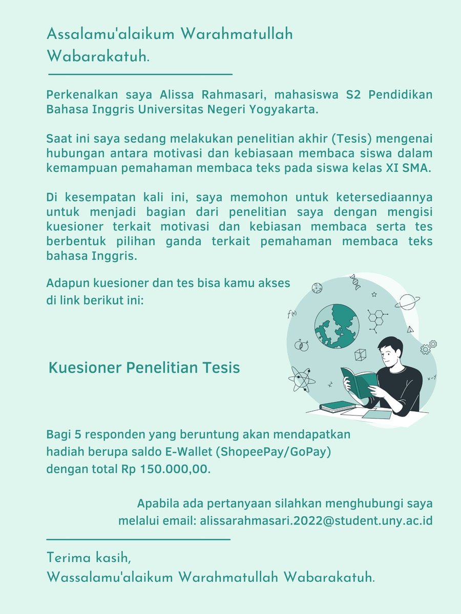 icaaarhm's tweet photo. hi teman-teman X!

bolehkah minta tolong utk jd partisipan penelitan tesisku dgn isi kuesioner berikut ini?

https://t.co/Si8OIKPNu9

target partisipanku siswa kelas XI SMA/MA &amp; detail penelitian ada di poster ya

kalo lewat di tl kalian boleh bantu isi ya, terima kasih banyak🙏 https://t.co/WJNZIdActR