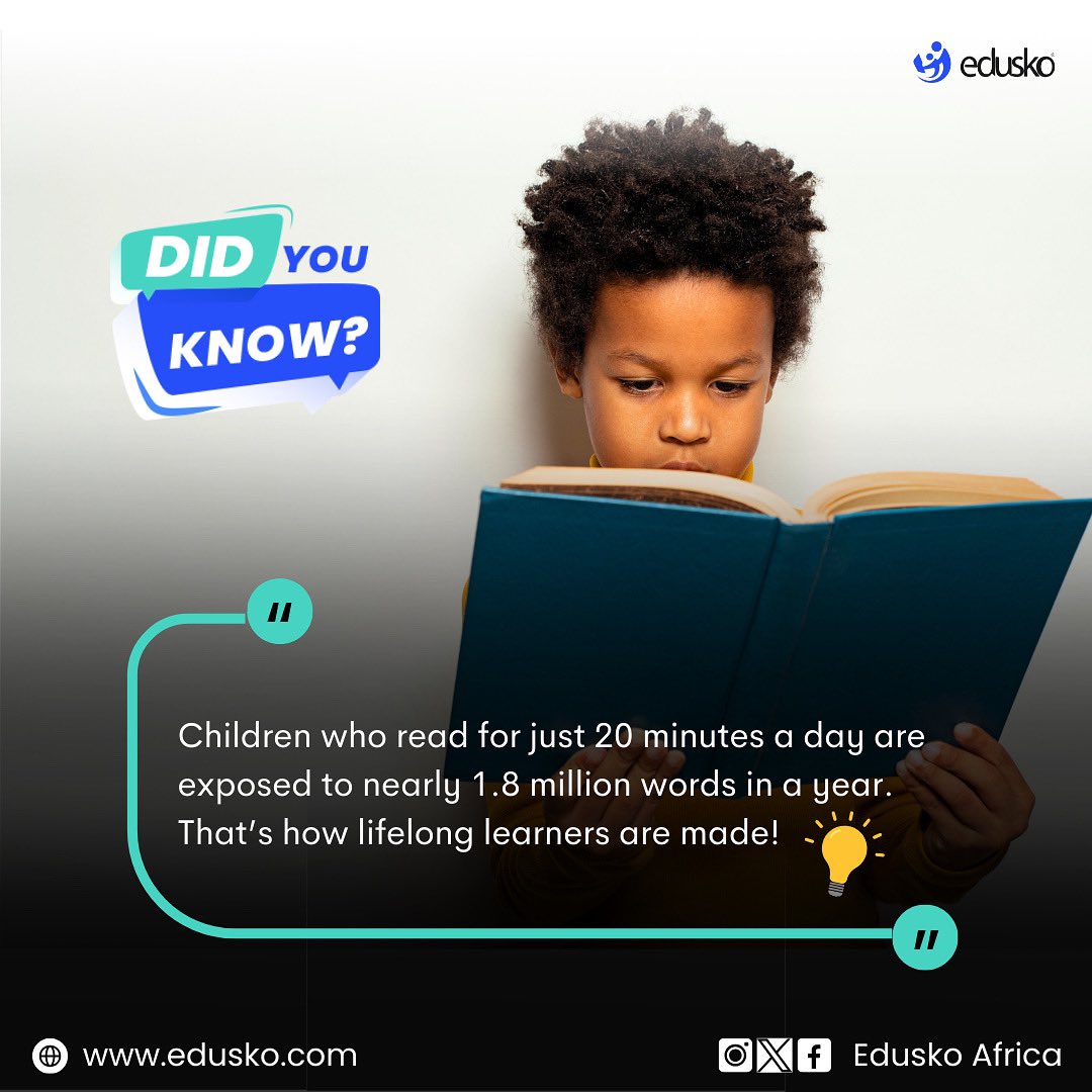 EduskoAfrica's tweet image. Reading just 20 minutes daily can expose your child to nearly 1.8 million words annually, fostering a love for learning and enhancing vocabulary.

#ReadingMatters #LifelongLearning #ChildDevelopment #EarlyEducation #VocabularyBuilding #ParentingTips #Edusko