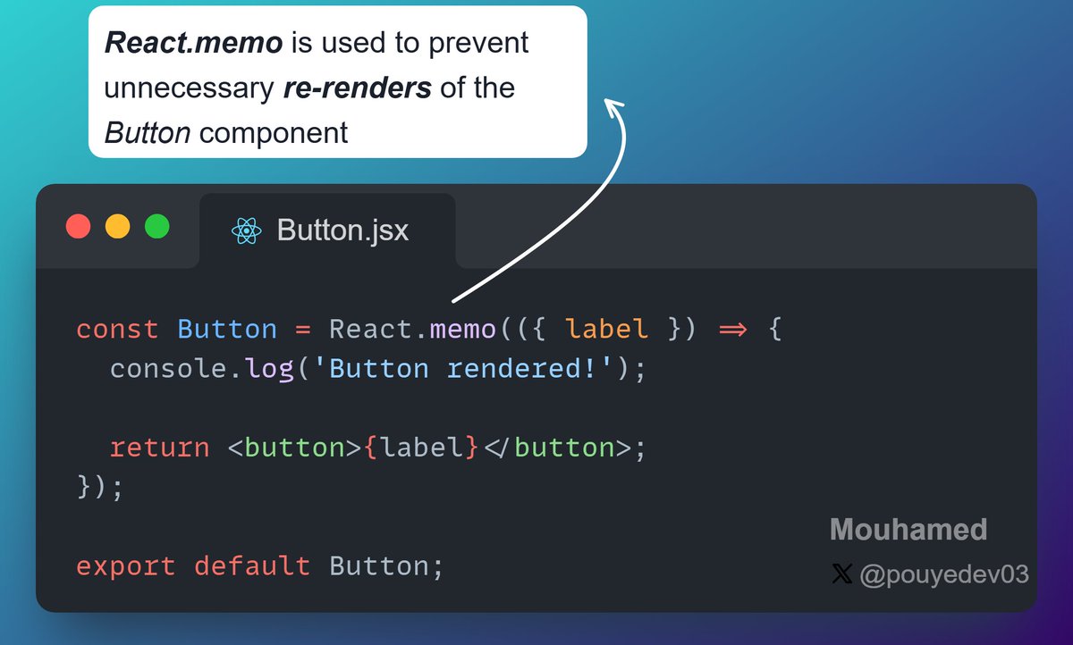 pouyedev03's tweet image. 💡 React Tip: Keep heavy components lean by avoiding unnecessary re-renders!
📷 Use "React.memo" to optimize functional components and boosts performance in real-world apps!
#ReactJS #WebDevTips #performance