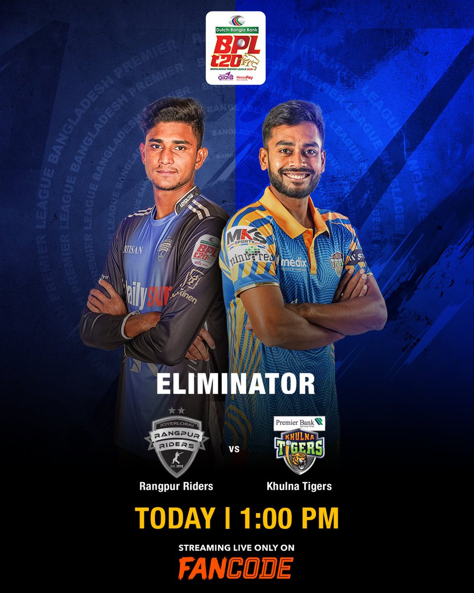 FanCode's tweet image. With a spot in Qualifier 2 at stake, which team will raise their game on the big occasion? 🤔

The Eliminator between Rangpur Riders and the Khulna Tigers begins 1 PM onwards, LIVE on #FanCode!

#BPLonFanCode
