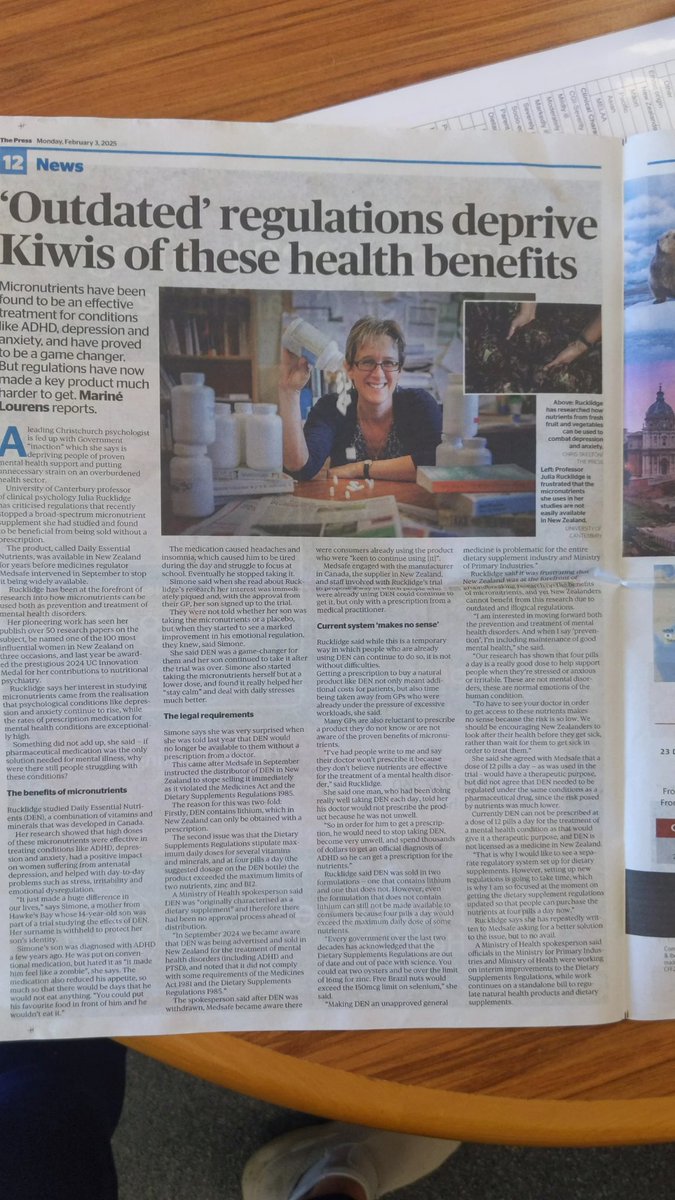 JuliaRucklidge's tweet image. An excellent piece of journalism highlighting ludicrous legislation governing access to micronutrients in NZ. These laws must be changed. How is it right that NZers funded the research, were the volunteers in trials but the NZ government ban easy access to the treatment?