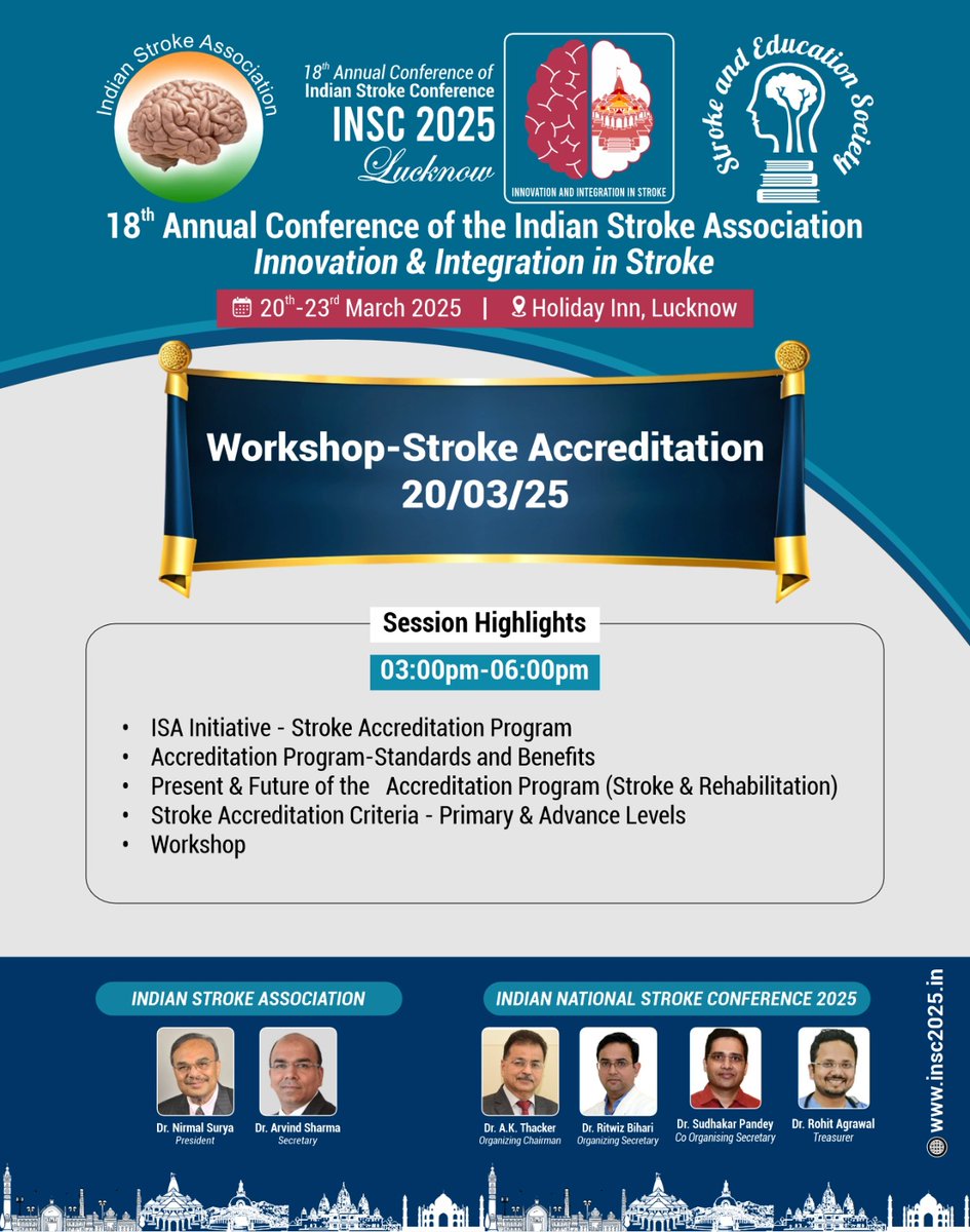 Every second counts in stroke care! 
Be a part of the Stroke Accreditation Workshop at #INSC2025 and contribute to improving stroke treatment &amp; rehabilitation. 

Let's innovate, integrate, and save lives! 

💙 #StrokePrevention #HealthMatters #strokeawareness #helathcare