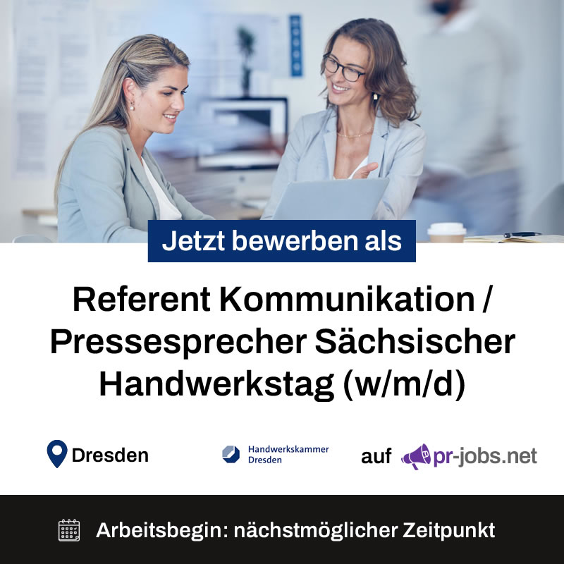 Die Handwerkskammer Dresden sucht ab sofort einen Referent Kommunikation / Pressesprecher Sächsischer Handwerkstag (w/m/d)

pr-jobs.net/job/referent-k…

#Stellenanzeige #Jobs #PR #Presse #Öffentlichkeitsarbeit #Bewerbung