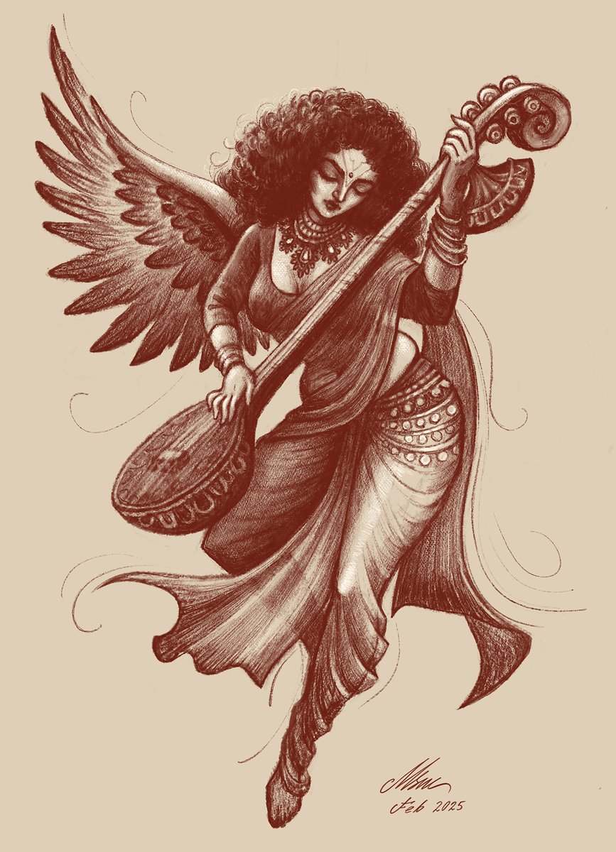 sen_mridul's tweet photo. A sketch I did yesterday to wish you all a belated Basant Panchami and Saraswati Puja. May Goddess Saraswati bless you all with immense knowledge and success.
#GoddessSaraswati #sketchbook https://t.co/T8Ji3RdCh7