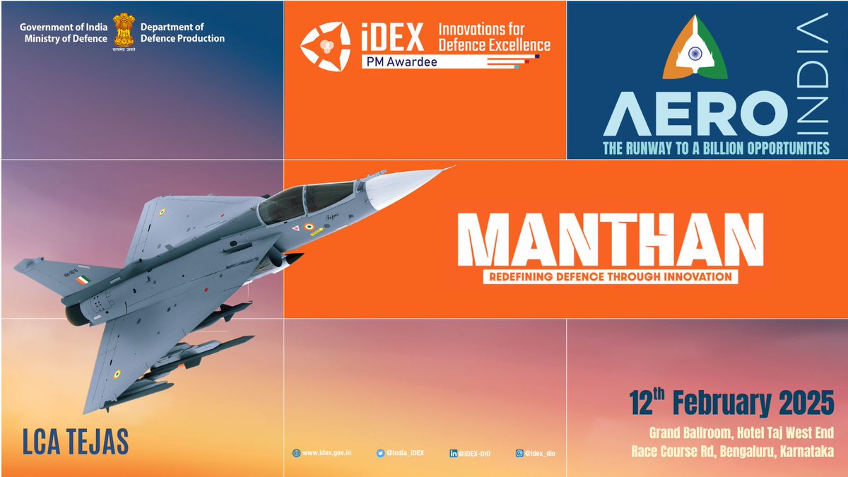 India_iDEX's tweet photo. The most awaited annual Defence Innovation event, #Manthan by #iDEX is back!
Witness groundbreaking innovations, inspiring defence startups and remarkable success stories at #AeroIndia2025.

📅 12th Feb 2025
📍 Bengaluru
Don’t miss out on the future of defence tech! 
Stay tuned. https://t.co/xzJdgXQvdO