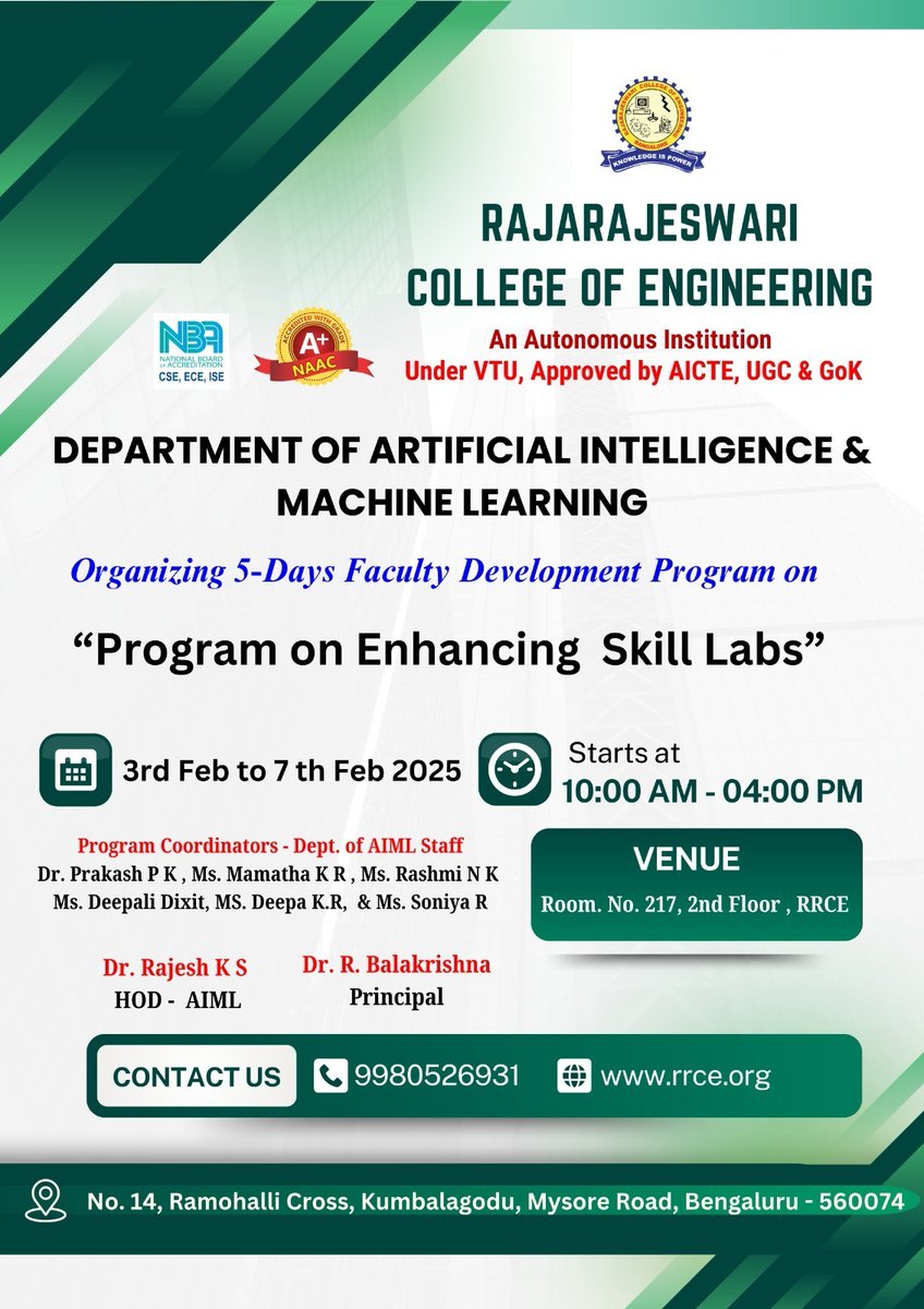 rrceblr's tweet image. 📢 5-Day #Faculty_Development_Program on “Enhancing Skill Labs” 🚀💡
#RRCE's Dept. of #AI & #ML is hosting an #FDP from 3rd–7th Feb 2025, 10 AM–4 PM, Room 217.
Boost your skills in AI & ML lab methodologies!
#SkillEnhancement #Engineering #Education