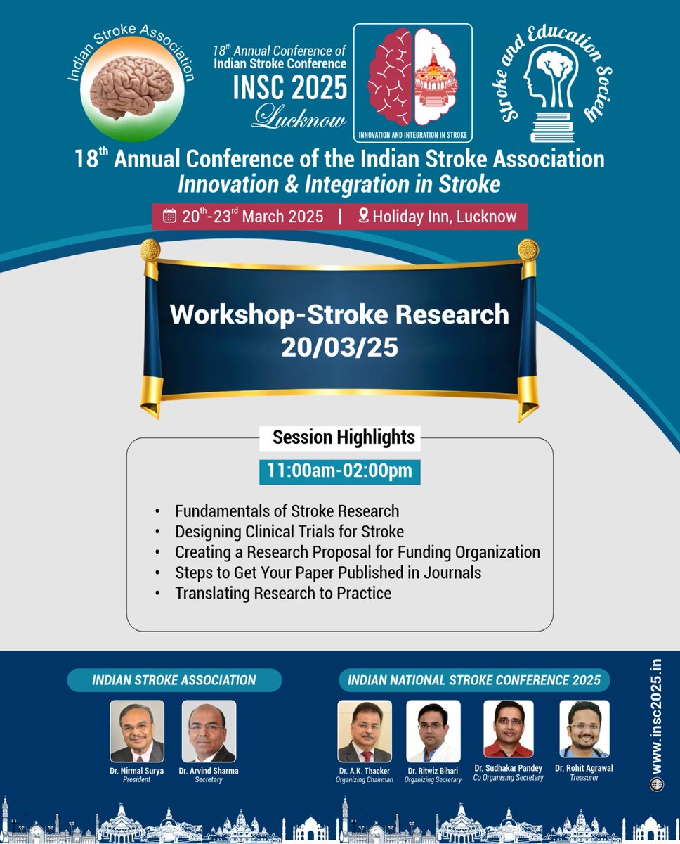 💡 Publishing Your Stroke Research Learn from the best! 

🔬📚 Join us at the INSC 2025 Workshop for expert insights on stroke trials, funding proposals, and more.

#MedicalResearch #ScienceMatters #workshops #doctors #Lucknow #registration #events #healthylifestyle #neurologists