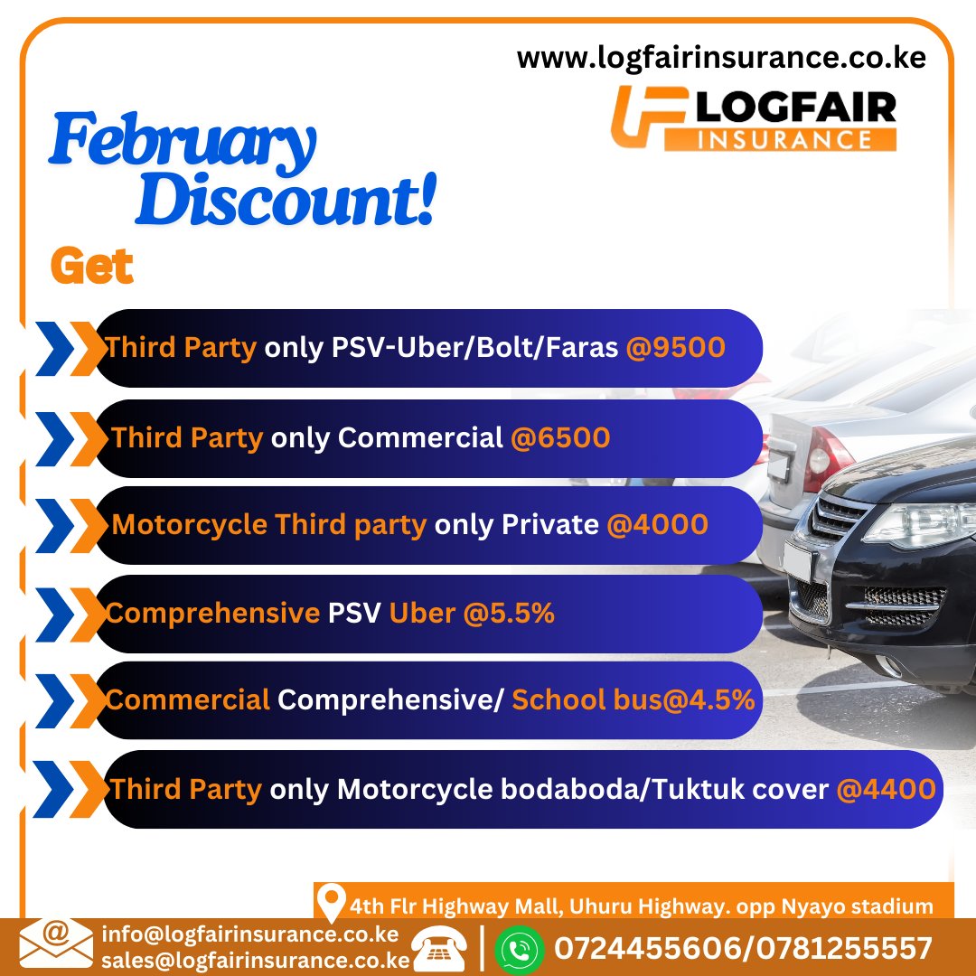 LogfairI's tweet photo. 🚗🚖 February Discount Alert! 🎉 Get affordable third-party &amp; comprehensive insurance for your PSV, commercial, and motorcycles. Drive with confidence at unbeatable rates! 🌟 Visit https://t.co/LqkN7P4Qt2 or call 📞 0724455606 / 0781255557 to secure your cover today! https://t.co/HzxDIbP53I