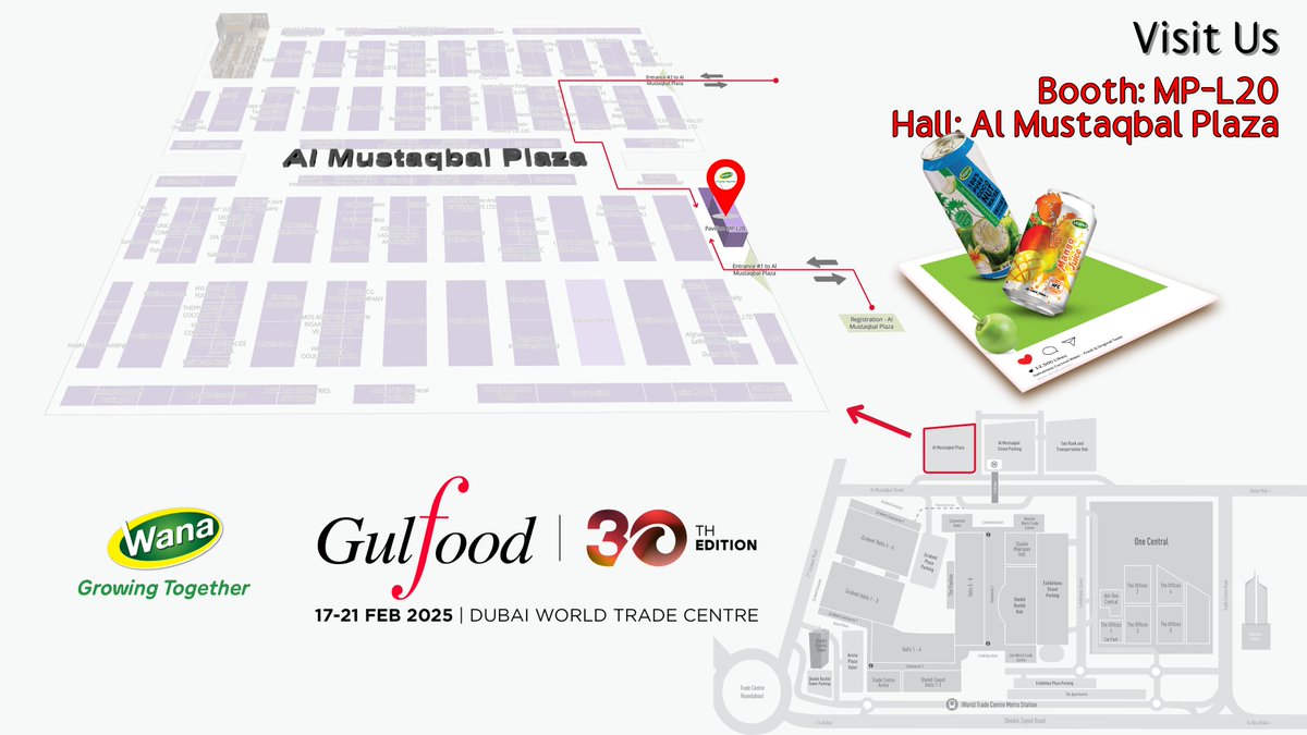wanabeverage's tweet photo. How to Visit Wana Beverage’s Booth at Gulfood 2025 👋

📍 Location: Dubai World Trade Centre
- 𝐇𝐚𝐥𝐥: 𝐀𝐈 𝐌𝐔𝐒𝐓𝐀𝐐𝐁𝐀𝐋 𝐏𝐋𝐀𝐙𝐀
- 𝐁𝐨𝐨𝐭𝐡: 𝐌𝐏-𝐋𝟐𝟎
- 𝐃𝐚𝐭𝐞: 𝐅𝐞𝐛 𝟏𝟕 𝐭𝐨 𝟐𝟏, 𝟐𝟎𝟐𝟓

Contact us:
🌐 https://t.co/wtLNedrIJT
📧 Email: inquiry@wana.com.vn https://t.co/s0Y1VENBMR