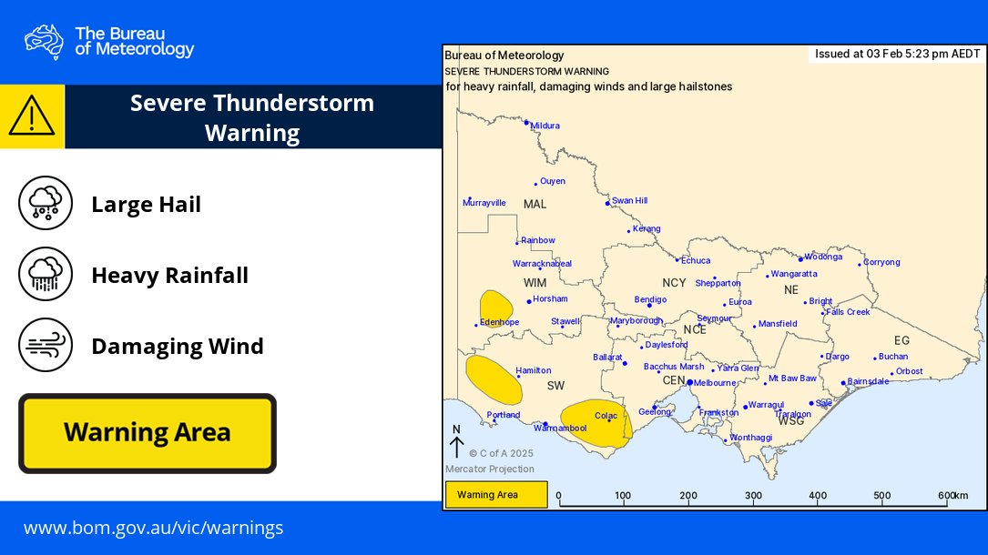 BOM_Vic's tweet image. ⚠️Issued 5:23pm⚠️
⛈️Severe thunderstorms are likely to produce heavy rainfall which could lead to flash flooding, damaging winds and large hailstones over the next several hours in parts of the South West and Central districts.
Warning: ow.ly/7URv50US9rm
#Colac #Casterton