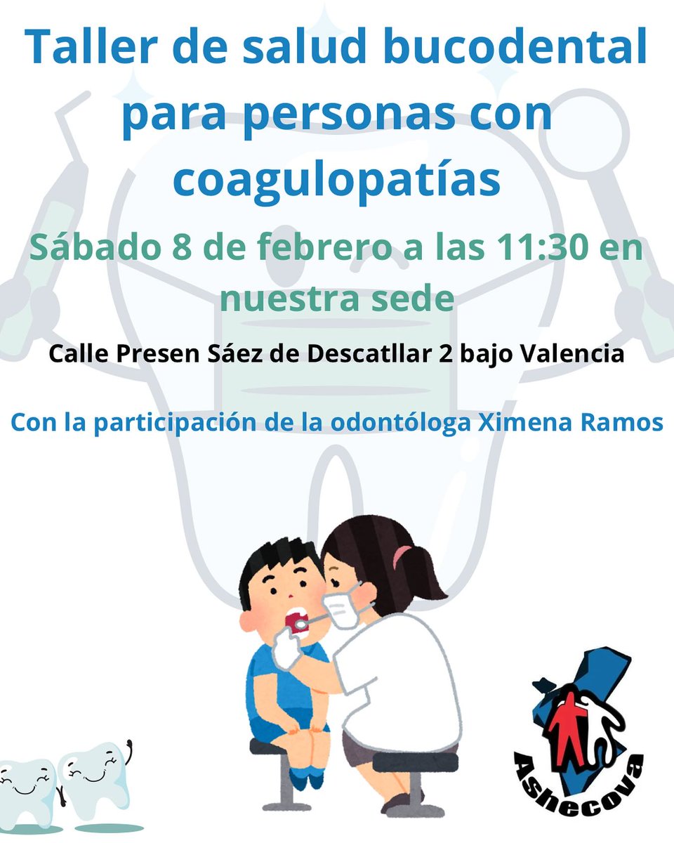 calcsicova's tweet photo. 🗓#AgendaCALCSICOVA
🦷 @ASHECOVA ofereix un taller de salut bucodental per a persones amb coagulopaties amb la participació de l’odontòloga Ximena Ramos.
📆08.02.25
⏰11:30 hores
📌Seu #Ashecova
https://t.co/auIcuIYYZK
#Tallers #Formació #Sensibilització #EntitatsCALCSICOVA https://t.co/1jgpd06EeY