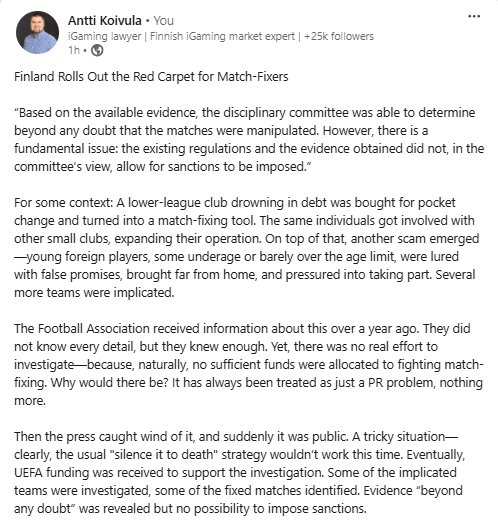 Finland Rolls out the Red Carpet for Match-Fixers. 

Read more on my LinkedIn post below.  
linkedin.com/feed/update/ur…

#matchfixing #ottelumanipulaatio #palloliitto #Finland #footballassociation #Ilveskissat #Futura #Finkurdit #Kakkonen #Kolmonen
