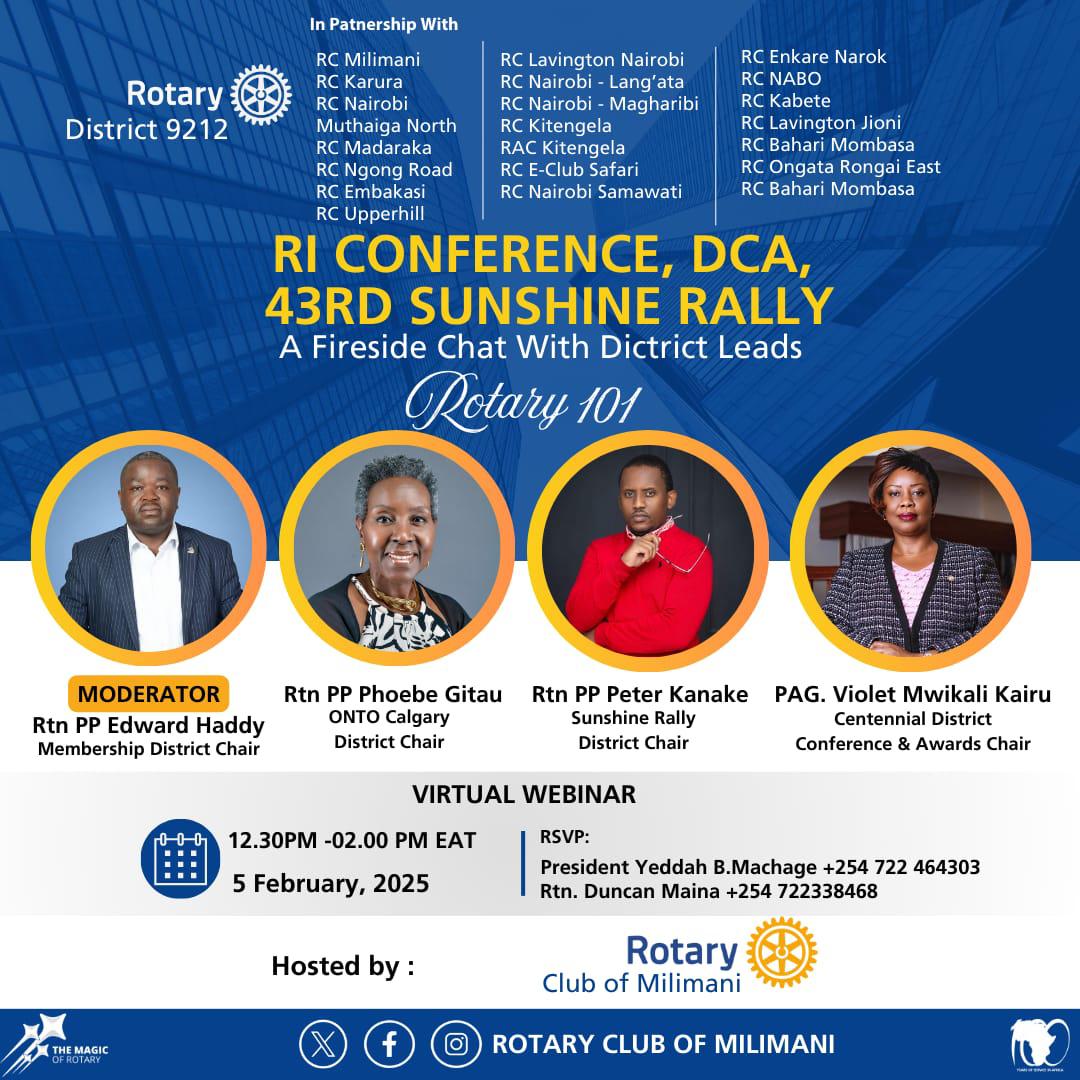 Rotary 101: A fireside chat with district leaders.✨

Join us for an exclusive virtual session designed to help you Connect | Engage | Belong to key Rotary D9212 annual initiatives.

🔹 Gain insights into the RI Conference, District Conference &amp; Awards (DCA), &amp; the Sunshine Rally