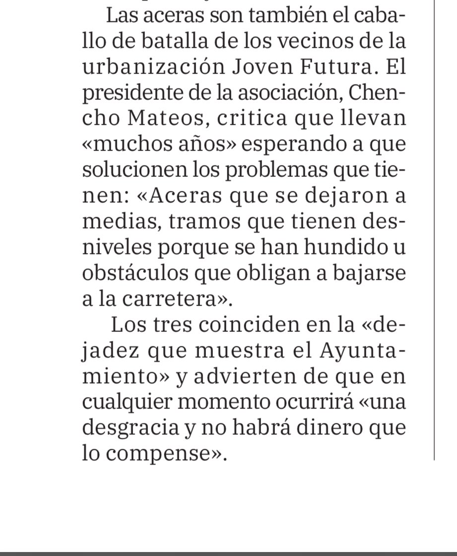 Llevamos años solicitando una solución al <a href="/AytoMurcia/">Ayuntamiento de Murcia</a> <a href="/Rebepl/">Rebeca Pérez</a> <a href="/JMEspinardo/">Junta Mpal.Espinardo</a> @EGuillengil sobre las aceras sin terminar, hundimientos y desniveles en las mismas. ¡Hasta que se produzca un daños físico! Hoy, <a href="/laverdad_es/">laverdad_es</a> recoge nuestra demanda.