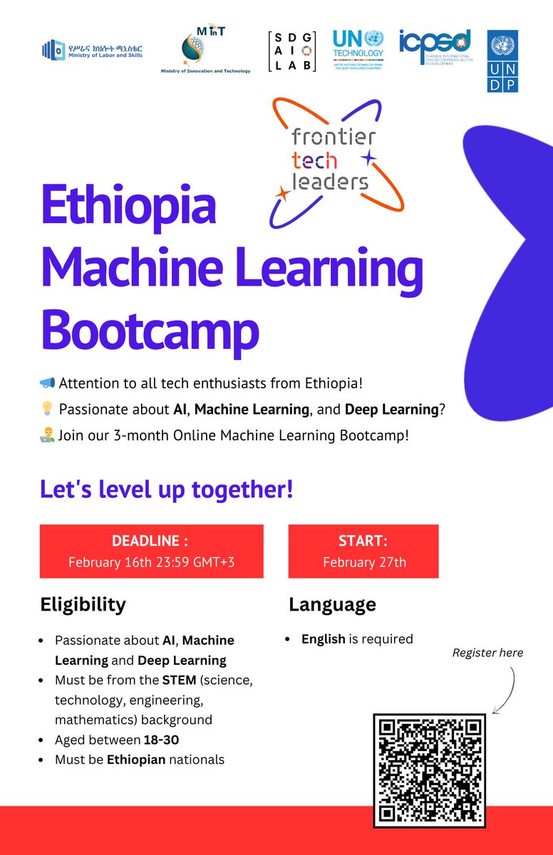 🚀 Calling all tech enthusiasts in Ethiopia!

Frontier Tech Leaders is kicking off the 1st Machine Learning Bootcamp in #Ethiopia , a 3-month online training in #AI, #ML &amp; #DeepLearning !

📅 Apply by Feb 16, 23:59 GMT+3
📅 Starts Feb 27

👉Apply now: forms.office.com/e/kfCpDb068H
