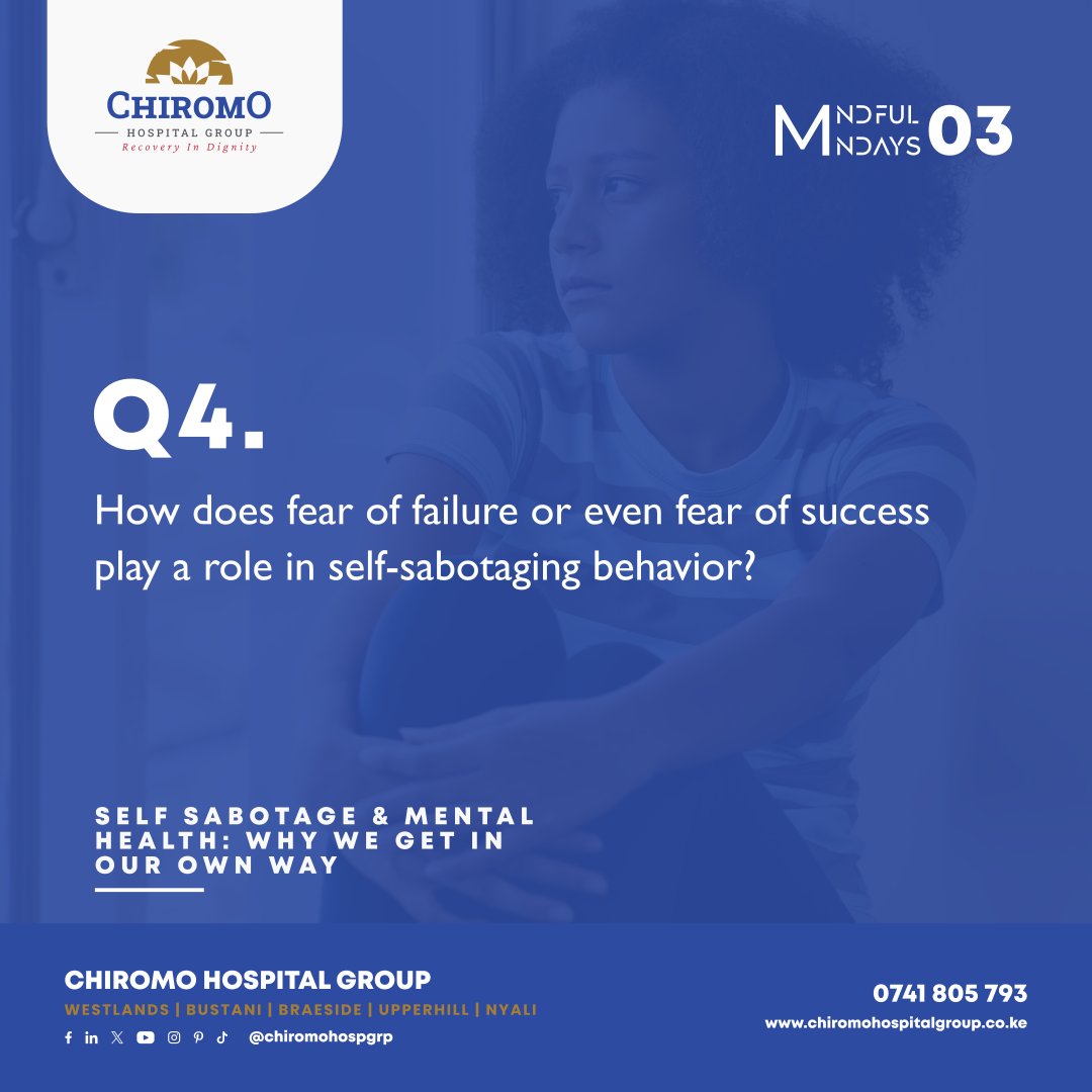ChiromoHospGrp's tweet photo. Q4. How does fear of failure or even fear of success play a role in self-sabotaging behavior?
@w_mwangi19 @njambi_gacheru @Muthoni_mk @khannafisa07 @KagayaTracy
#mentalhealth #selfsabotage #mentalhealthcare #YourMentalHealthFirst #MyMentalHealthFirst #Tufunguke https://t.co/C2r1skIbvz