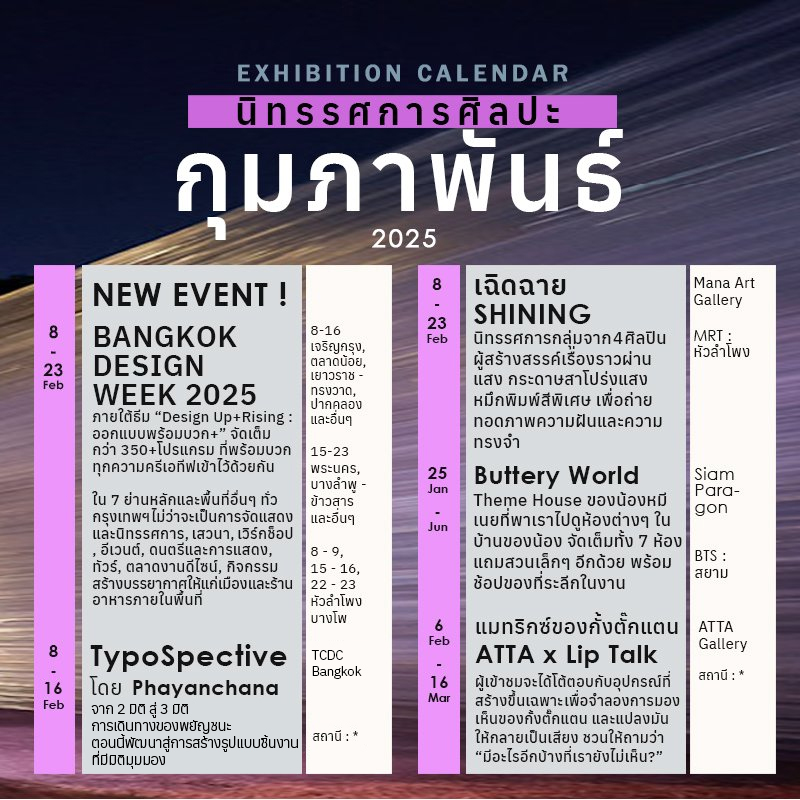 artofth's tweet photo. 💖รวมนิทรรศการศิลปะ + สถานที่เดือน 'กุมภาพันธ์ 2025' 💖

เดือนนี้งานแน่นมาก มากถึงมากที่สุด ! เพราะสัปดาห์งานออแบบ Bangkok Design Week @BKKDesignWeek  กลับมาแล้วพร้อมกิจกรรมแบบจัดเต็ม นอกจากนี้ก็ยังมีงานอื่นๆ จัดกระจายทั่วกรุงเทพ อากาศยังไม่ร้อนเกินไป ต้องรีบไปเดินแล้วล่ะ!

ใครมีงานไหนแนะนำเพิ่มเติมบอกกันได้นะ