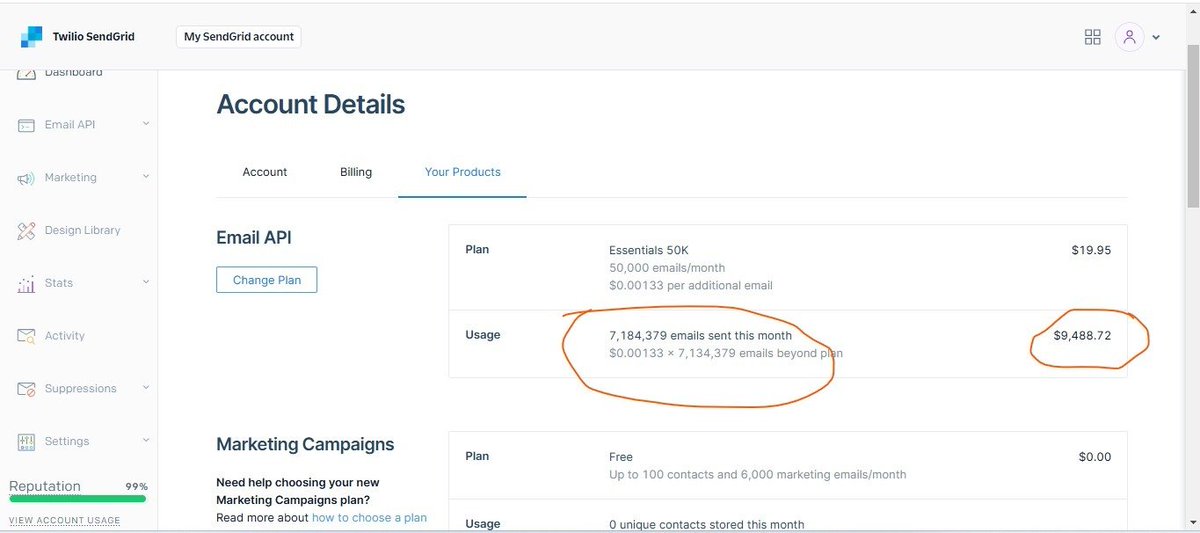 HaniNada7's tweet photo. 🚨 My SendGrid account (via Twilio) was hacked despite 2FA. 7.2M emails sent, that cost $9.5K . Instead of fixing it, they closed my account. No apology, no explanation. Unacceptable. #SendGrid #Twilio #CybersecurityFail https://t.co/HdpSNOiO7t