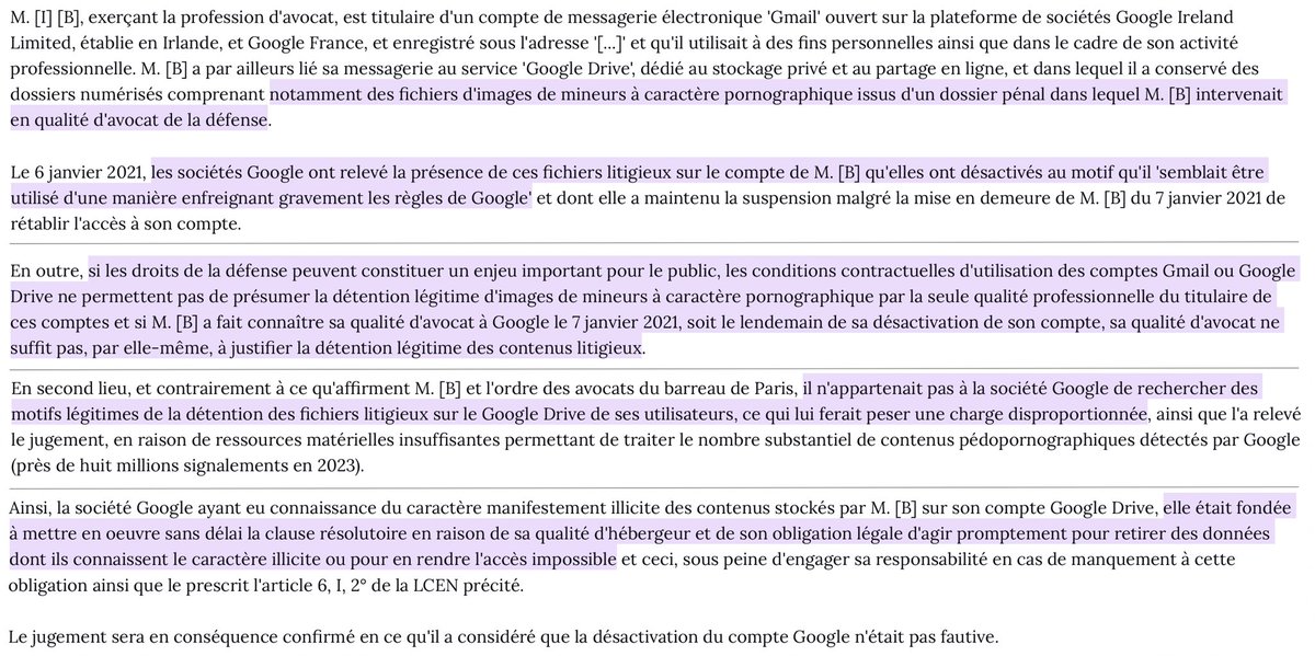 Avocat &amp; numérique : Les comptes Gmail &amp; Google Drive d'un avocat ont été désactivés car il y a enregistré un dossier pénal.

Or, des images pédopornographiques figuraient dans ce dossier.

Désactivation jugée légale du fait des obligations européennes &amp; américaines de <a href="/GoogleFR/">Google FR</a>.