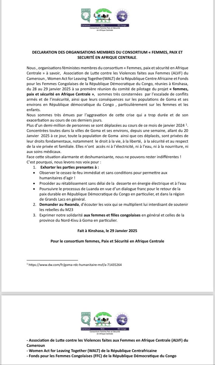 Déclaration du Consortium de mise en œuvre du projet FEMMES, PAIX ET SÉCURITÉ EN AFRIQUE CENTRALE suite à la recrudescence des violences dans l’EST de la #RDC