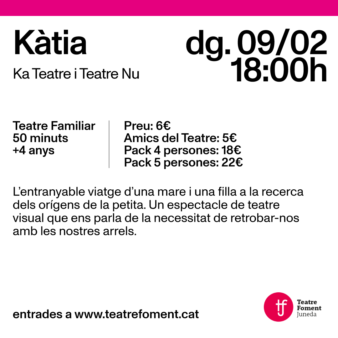 I entrem al febrer de la mà de la Kàtia.❤️

El proper diumenge 9 de febrer acollirem al teatre aquesta obra que, un cop programada al Teatre Nacional de Catalunya, aterra a Juneda per aventurar-nos en aquesta emotiva història sobre els orígens i l'amor maternofilial.👩🏻‍🍼
