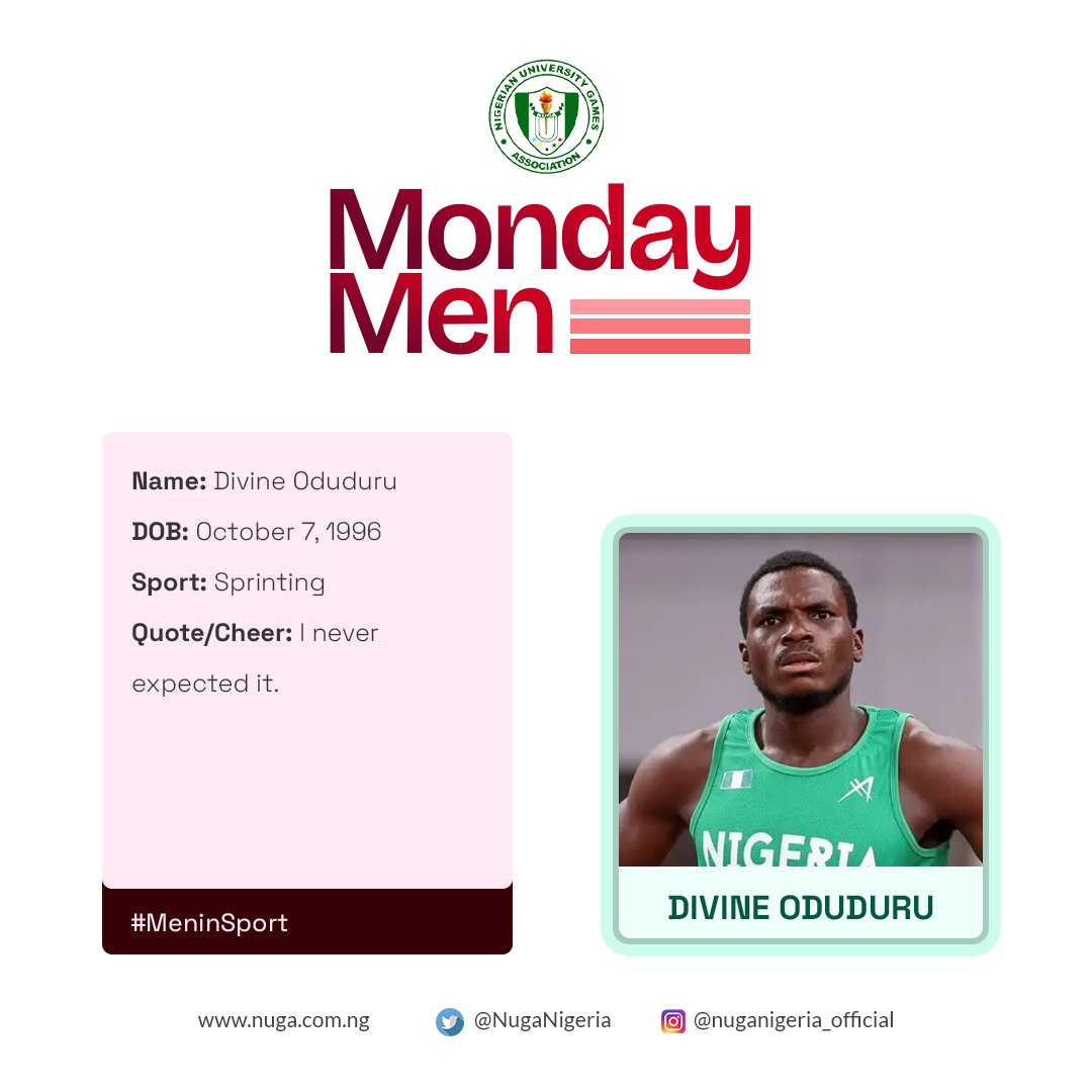 NUGANigeria's tweet photo. 🚀 Monday Men in Sports: Divine Oduduru 💨
From NUGA tracks to the world stage, Divine Oduduru is a testament to hard work, resilience, and pure speed! His journey inspires the next generation of athletes to chase their dreams—one sprint at a time. 🏃🏾♂️💨🏅
#NUGA
#MenInSports https://t.co/NsOcCu76mZ