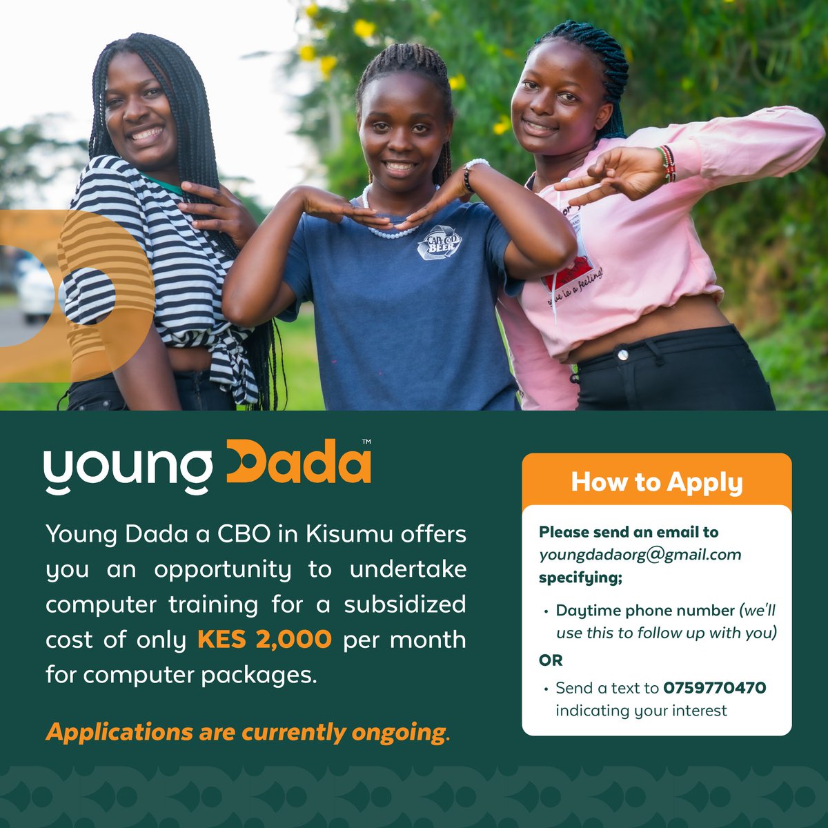 YoungDadaOrg's tweet photo. Are you ready to level up your tech skills? Young Dada, a CBO based in Kisumu, is offering subsidized computer training for just KES 2,000 per month! https://t.co/qxLtSZxNGZ