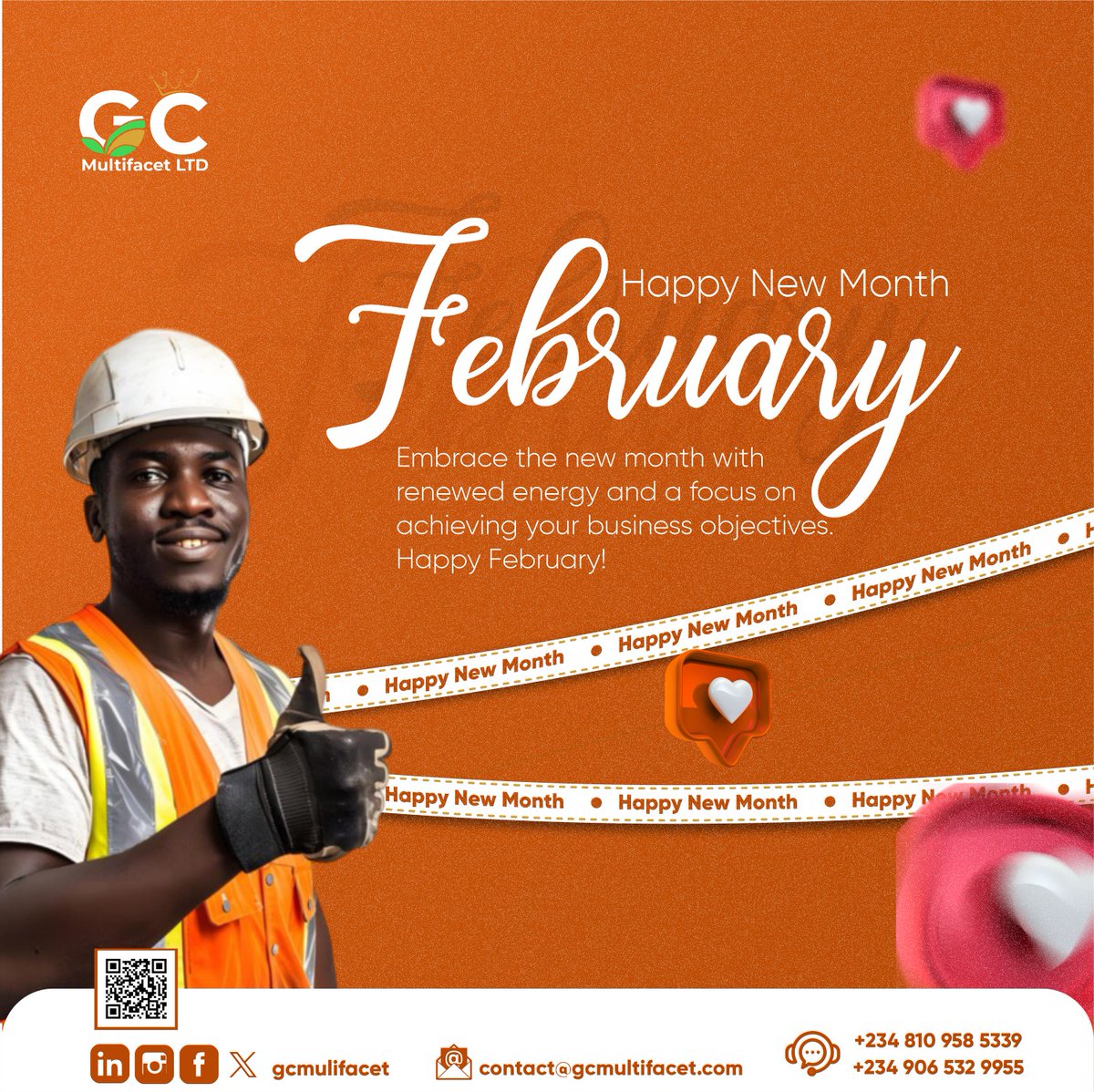 GCMultifacet's tweet photo. Wishing our valued clients a productive and fulfilling February. Let's conquer new heights together!
#NewMonth #ClientAppreciation #GCMultifacet https://t.co/ENqbWluFdt