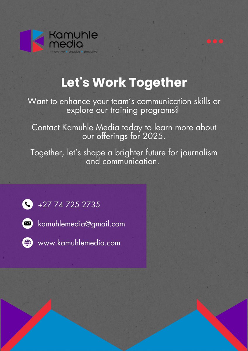 KamuhleMedia's tweet photo. Contact us today to learn more about our offerings for 2025.

kamuhlemedia@gmail.com 
+72 74 725 2735
https://t.co/bzEi3g1Csn https://t.co/W9Q3HksaIo
