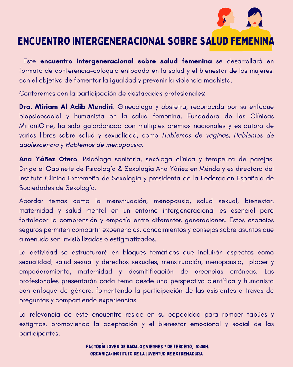 📢 ¡Desde el <a href="/IJExtremadura/">IJEXtremadura</a>  os invitamos a un encuentro sobre Salud femenina. V7/2/2025 a las 10h tenemos cita en la <a href="/FactoriaBadajoz/">FJBadajoz IJEX</a>  con Miriam Al Adib (Ginecóloga y Obstetra) y Ana Yáñez (Psicóloga Sanitaria y Sexóloga Clínica). 📍Reserva tu plaza forms.office.com/e/h2uEbd7Htw