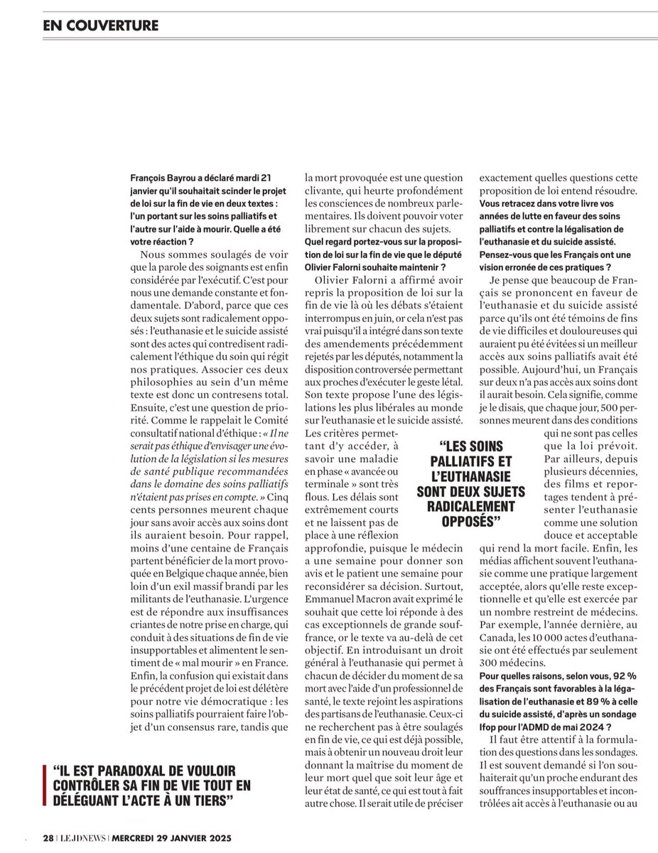 Le débat sur la #FindeVie était serein depuis plus de 2 ans. François <a href="/bayrou/">François Bayrou</a> a décidé de le transformer en s’autorisant des contre-vérités relayées auparavant par des opposants à l’aide à mourir.

Dans <a href="/LeJDNews/">JDNews</a>, la présidente <a href="/asso_SFAP/">SFAP SoinsPalliatifs</a>, <a href="/clairefourcade3/">Claire Fourcade</a>, décide de le suivre en