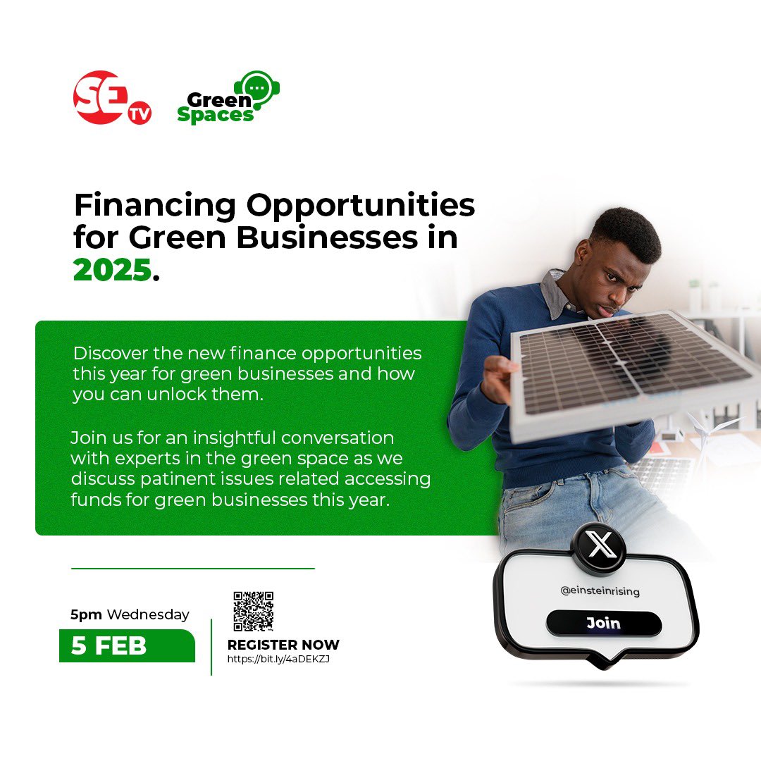Einstein Rising (@einsteinrising) on Twitter photo Are you running a green business and looking for financing opportunities?
Join us at XSpace this Wednesday at 5 PM EAT as <a href="/SEtvAfrica/">SEtv Africa</a> launches the #GreenSpaces podcast dedicated to the green business world and #sustainability.
Register👉(bit.ly/4aDEKZJ) to join an Are you running a green business and looking for financing opportunities?
Join us at XSpace this Wednesday at 5 PM EAT as <a href="/SEtvAfrica/">SEtv Africa</a> launches the #GreenSpaces podcast dedicated to the green business world and #sustainability.
Register👉(bit.ly/4aDEKZJ) to join an