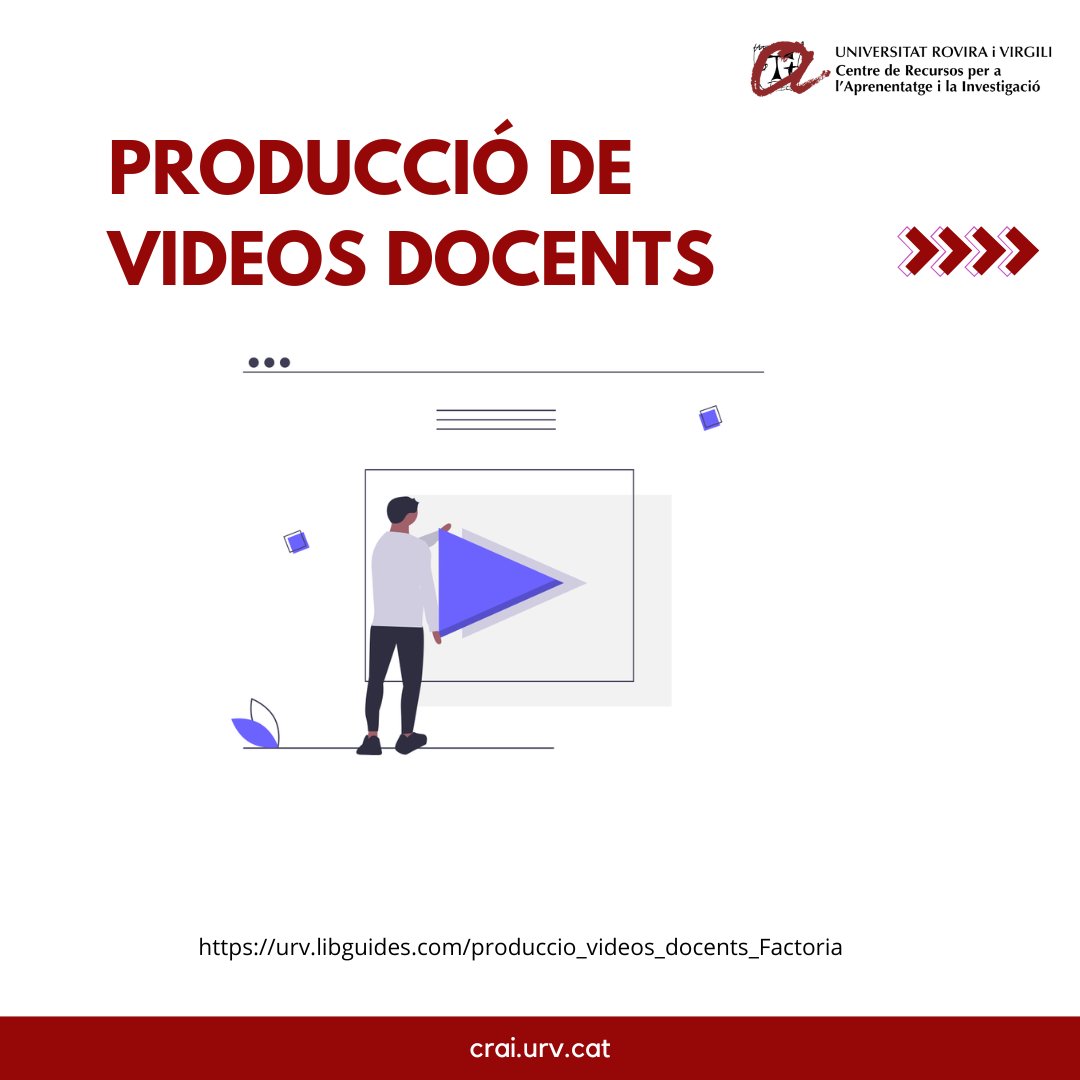 craiURV's tweet photo. Necessites elaborar un vídeo per a les teves classes?
Consulta la guia "Producció de vídeos docents a la URV" elaborada per la #factoria de la URV.
👉Recull d'informació, guies i pautes per la producció de vídeos docents.
Guia: https://t.co/gvCEx2knM6
#ServeisCRAIURV @sredurv https://t.co/dVJdM2EvAQ