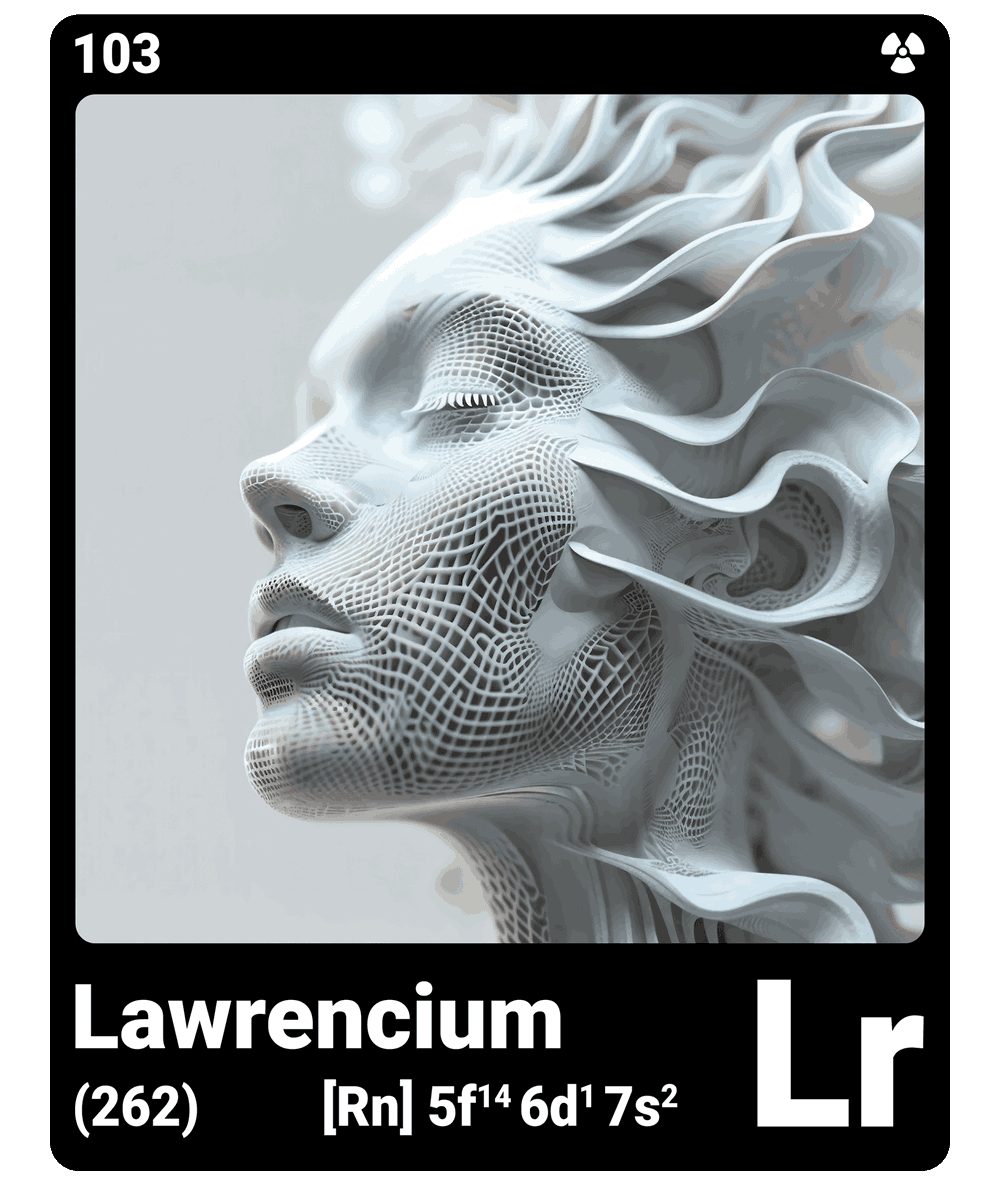 br_AI_king's tweet photo. brAIking This is what it looks like when AI gives the chemical element lawrencium a face - find all ChemicalElements in the bio ScienceArt https://t.co/HO4axHB8If