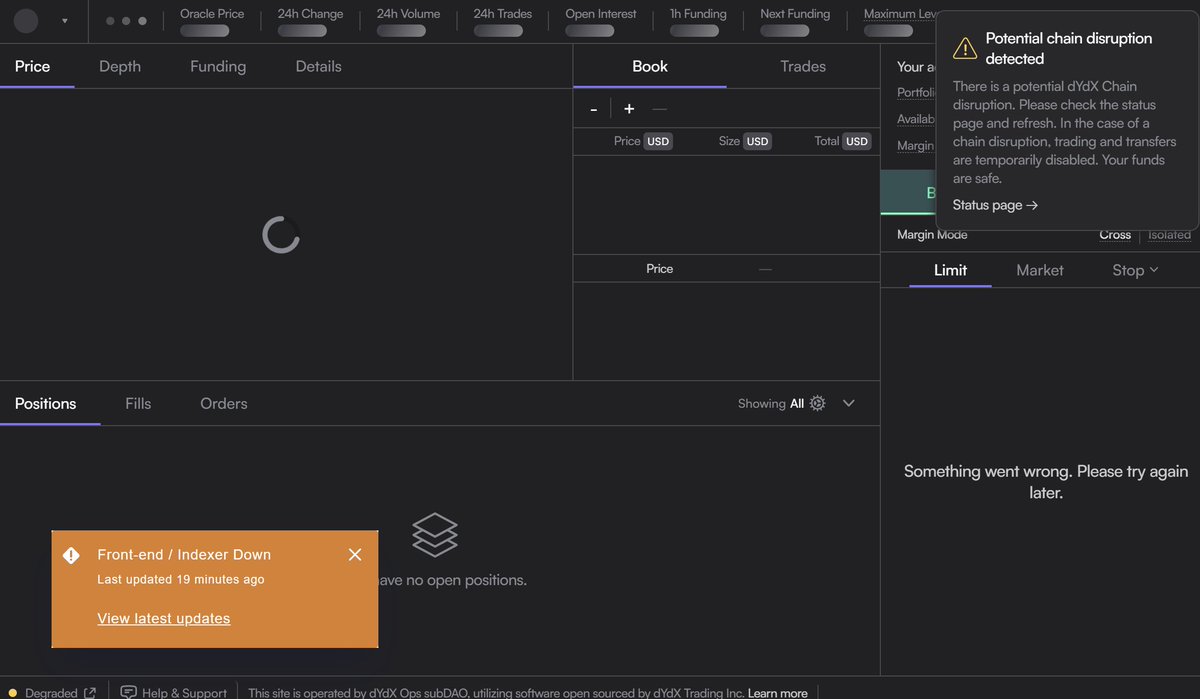 Sovoque1's tweet photo. DO NOT TRADE ON https://t.co/cABqvrd4c8  I just got liquidated and couldn't do anything because the exchange froze completely during the dump.
Front-end DOWN
Indexer DOWN
Chain disruption
. If you value your funds, stay away from dYdX!
#crypto #dYdX #dydxtrade https://t.co/bbHMMGAIZE