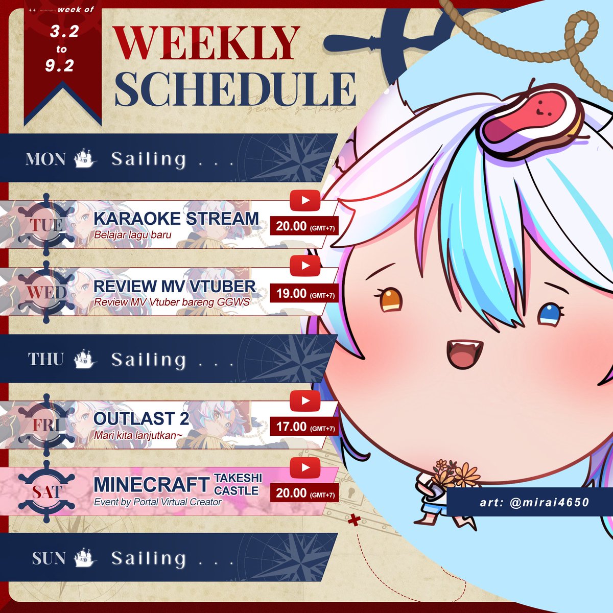 GemaGathika's tweet photo. GEMA GATHIKA WEEKLY SKEMDULE
3.2 '25 - 9.2 '25
GG! I'm Gema Gathika
Werewolf Captain Pirate
Has ability to switch gender🐺🎵
💙GGMS &amp; GGWS💜
General : #GemaGathika
Stream : #GGemalive
Original Song : #GGOG
Cover : #GGCover
Fanart : #GGemart
Meme : #GGememe
Clip : #GGClip https://t.co/r81mtqufyP