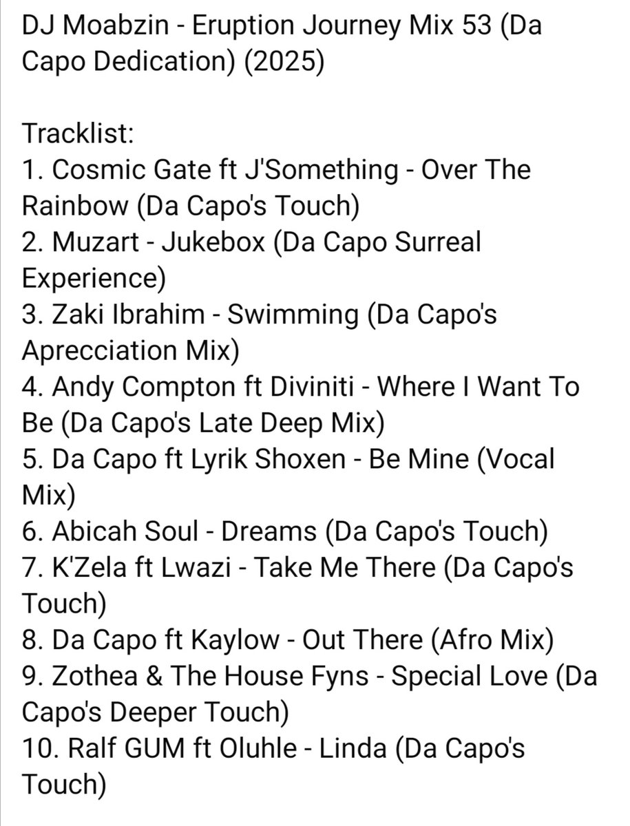 DJ Moabzin - Eruption Journey Mix 53 (Da Capo Dedication) (2025)

Link:
hearthis.at/eruption-house…

Enjoy! 😊
#EruptionJourneyMixes